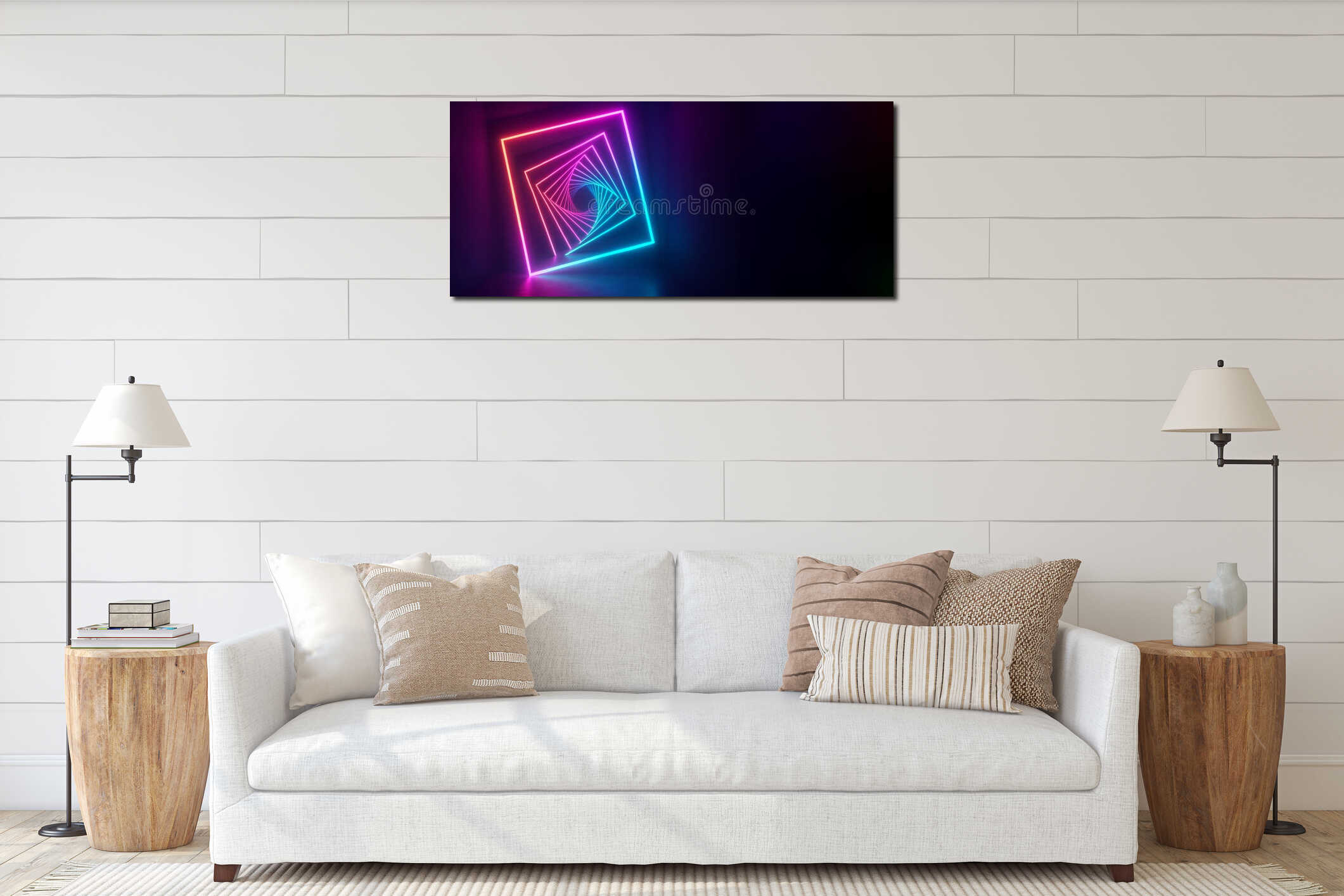 Abstract neon light tunnel with glowing geometric shapes. Futuristic digital portal a concept for cyberspace and virtual reality interior mockup