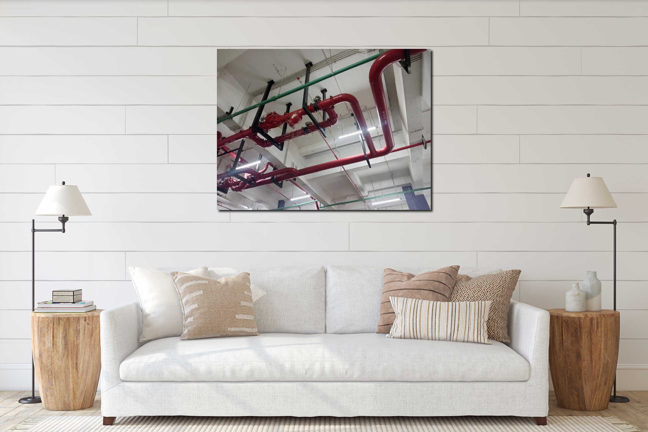 Red fire sprinkler system pipes and valves installed under ceiling structure for building safety and industrial fire suppression. interior mockup