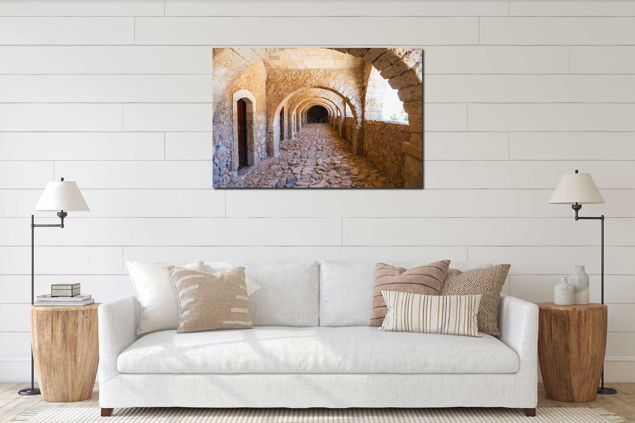 a long, empty corridor in a historic building interior mockup