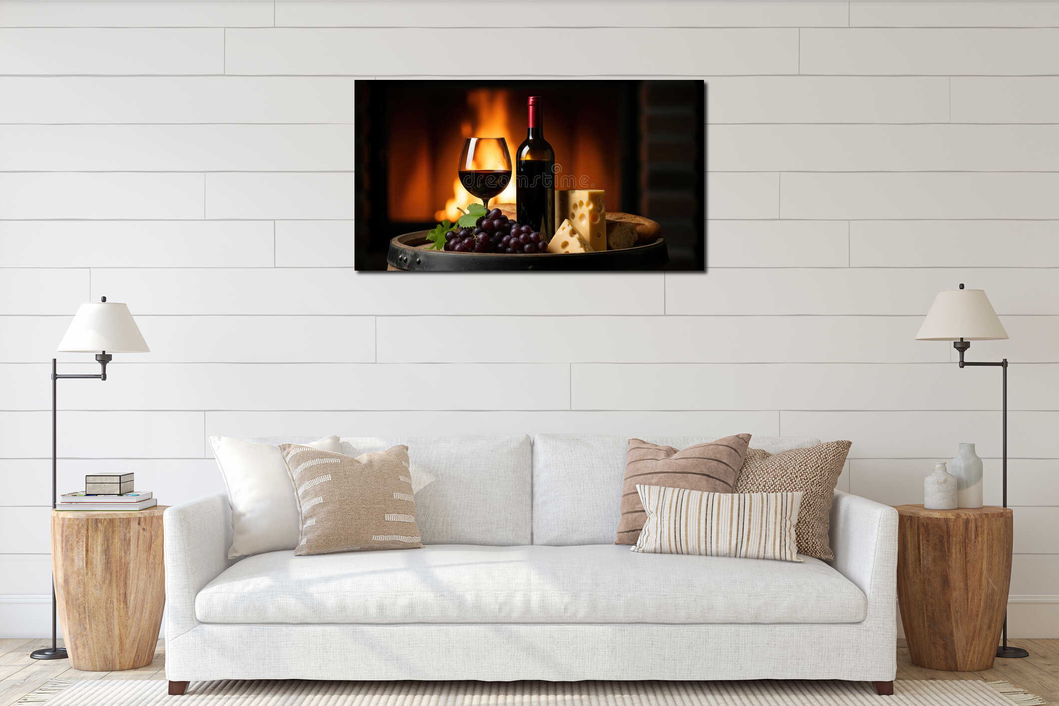 Autumn winter treats consisting of wine, grapes, cheese, and bread on a barrel in front of the fireplace. Relaxing wine enjoyment interior mockup