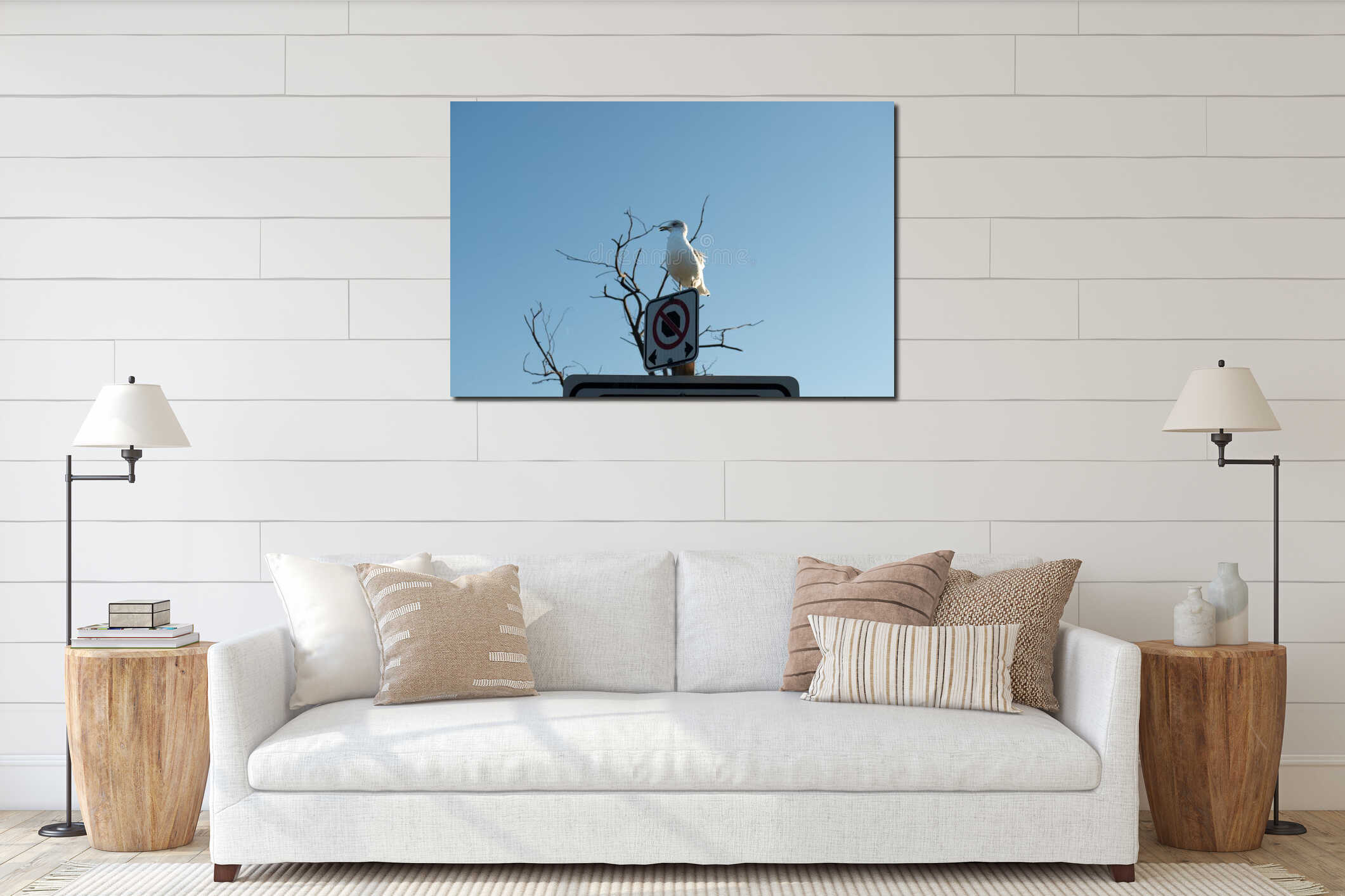 Seagull perches atop a no parking sign on a sunny day against a blue sky interior mockup