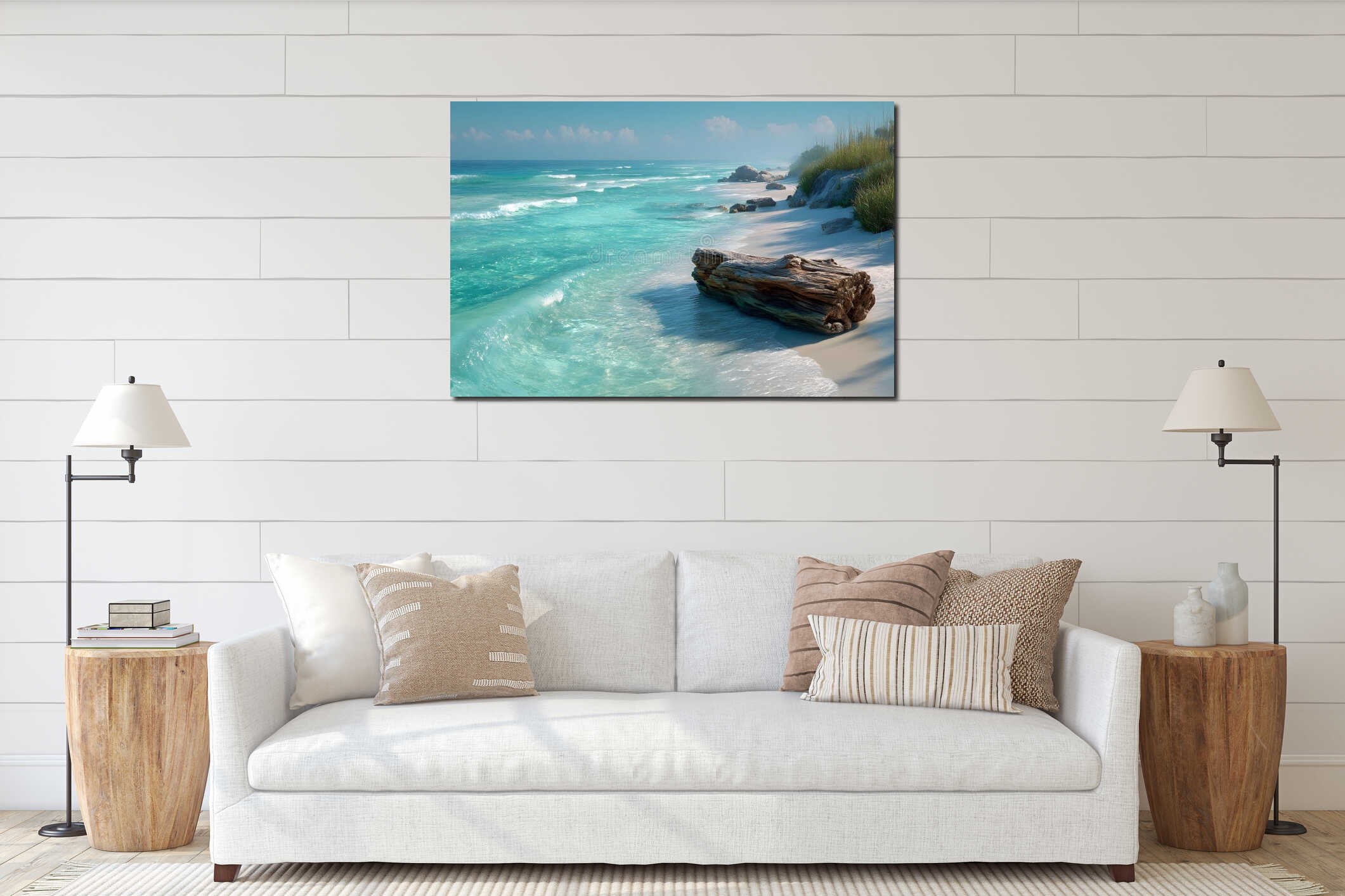 Tranquil Tropical Beach with Driftwood and Turquoise Waves Generative AI interior mockup