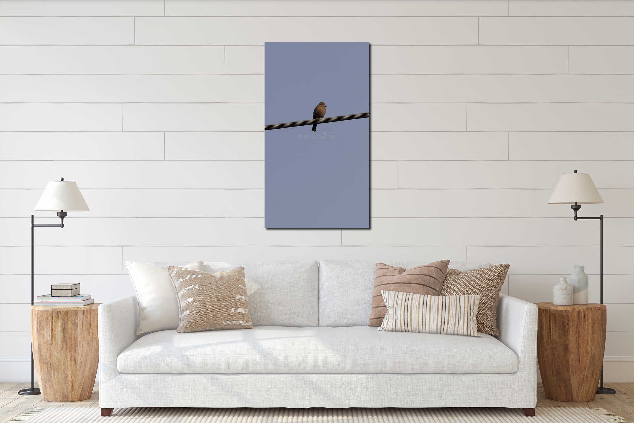 Brown bird perched on wire interior mockup