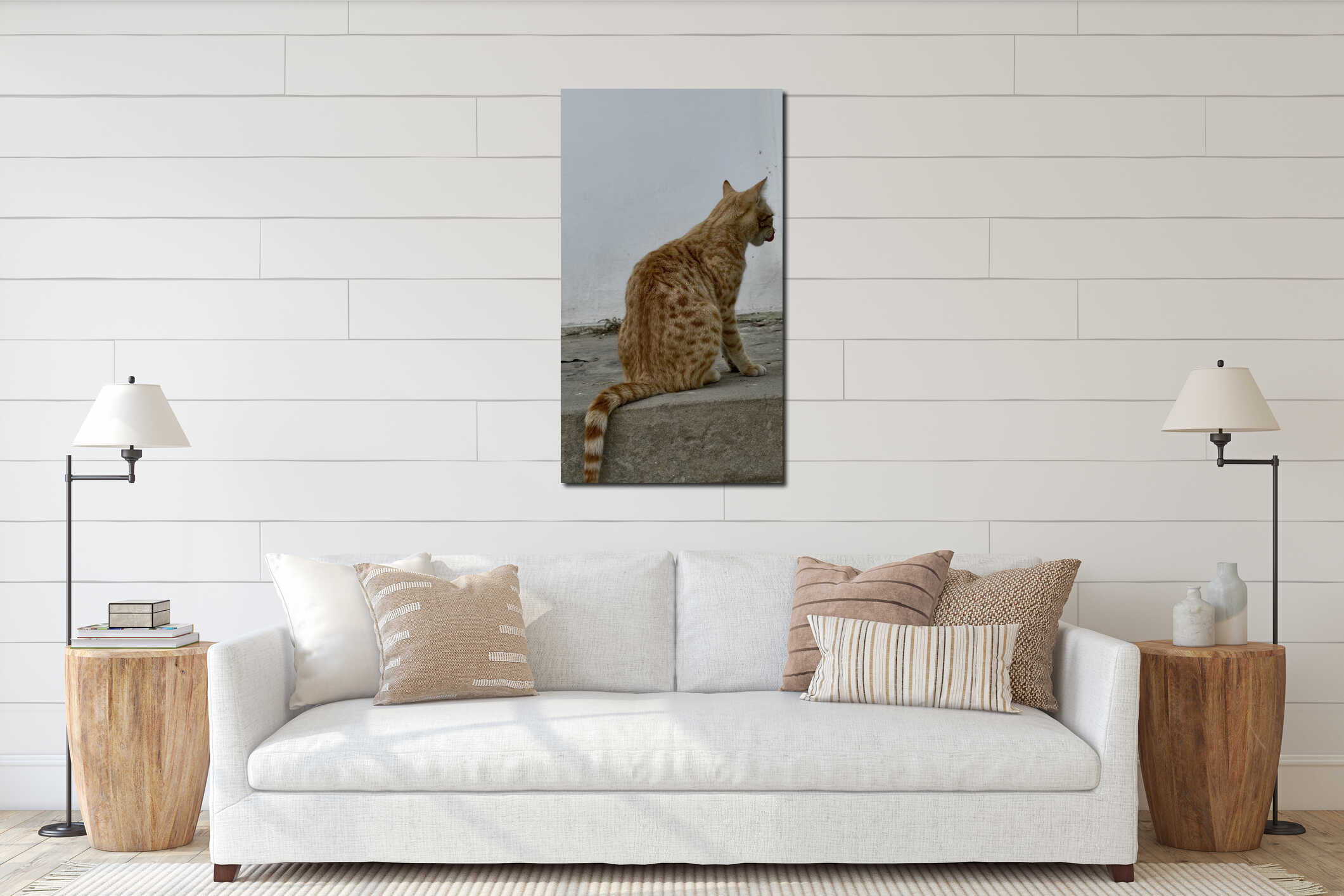 Ginger cat relaxing outdoors interior mockup