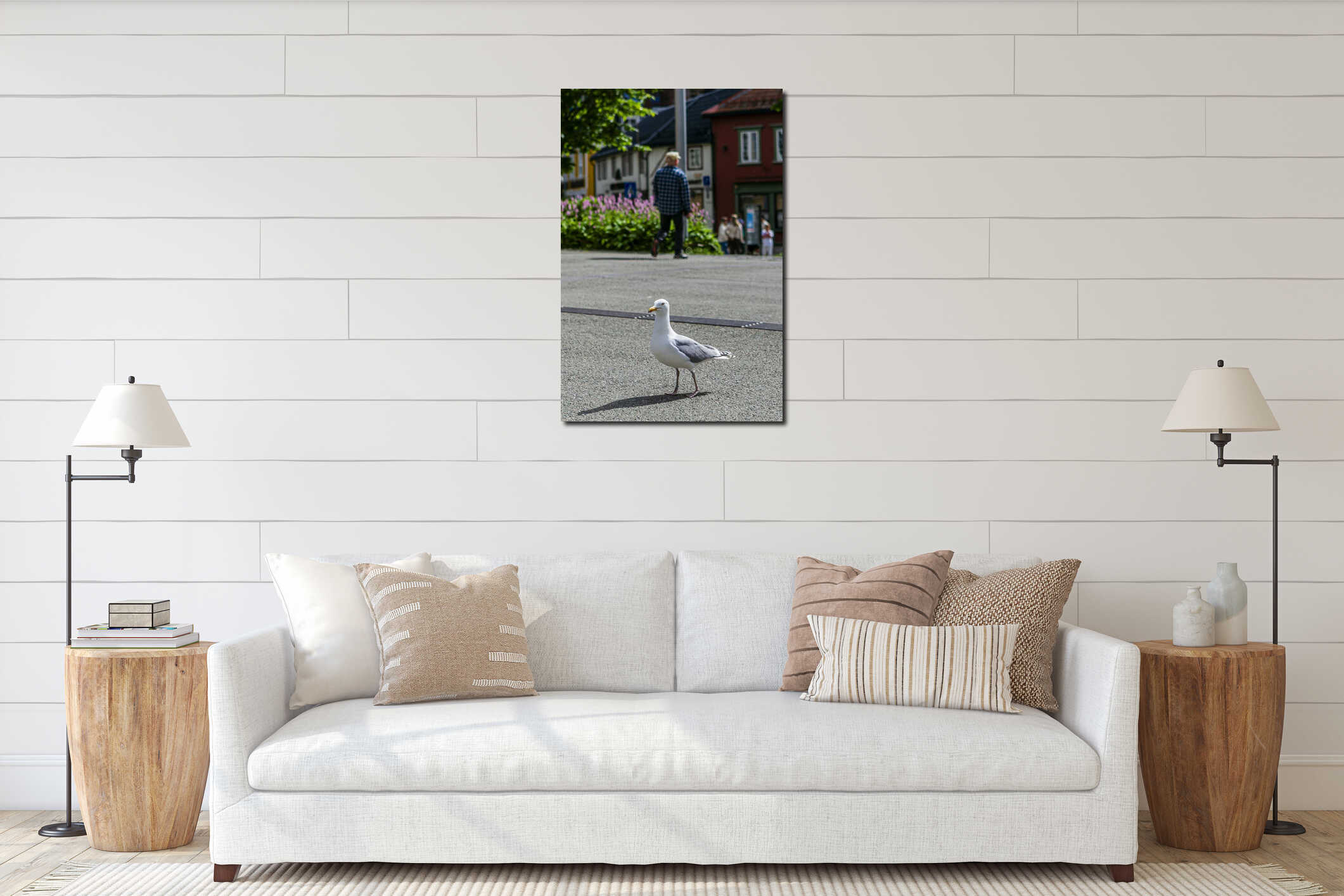 A seagull walking on the streets of Tromso city interior mockup