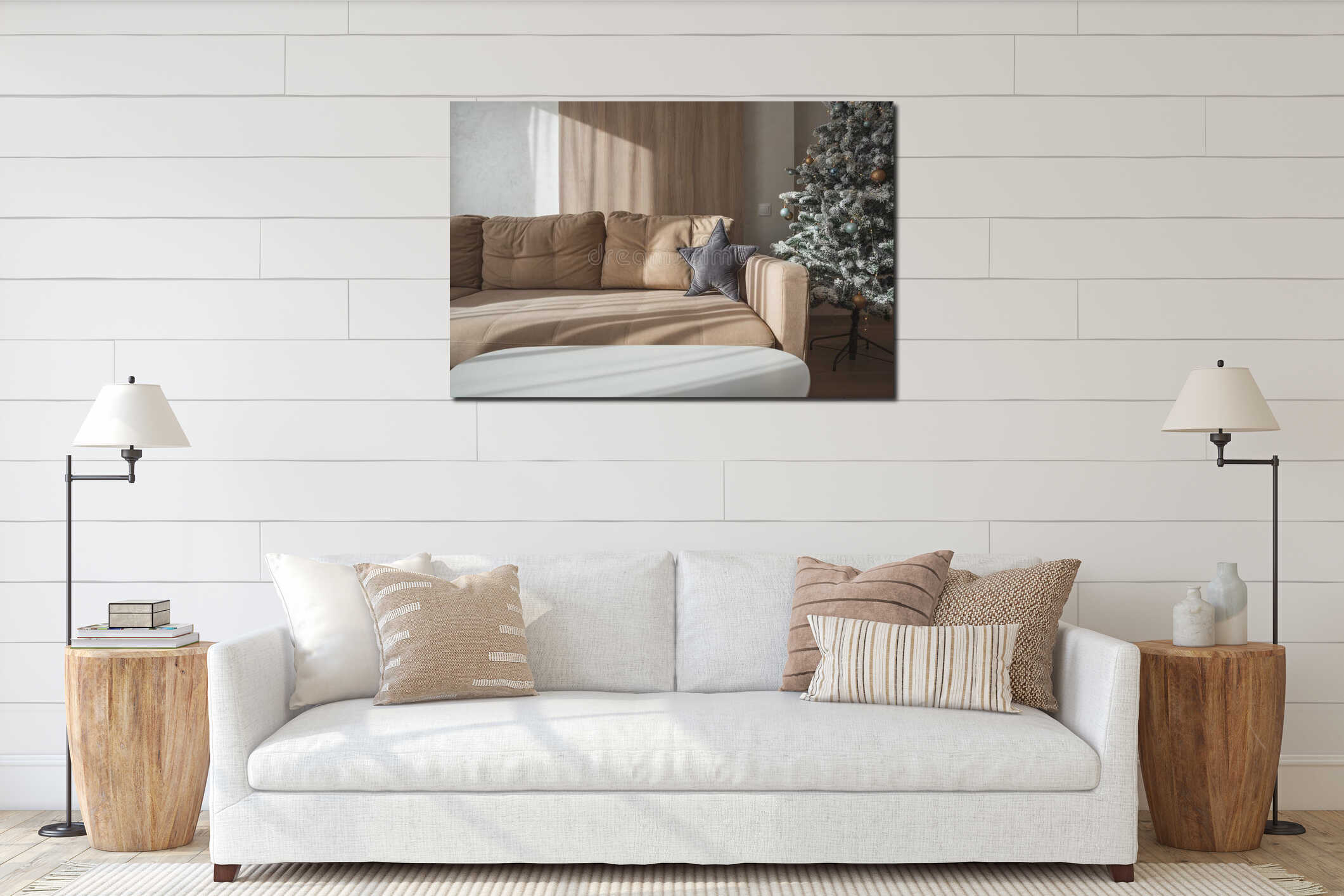 Cozy Christmas Living Room with Decorated Tree and Gifts interior mockup