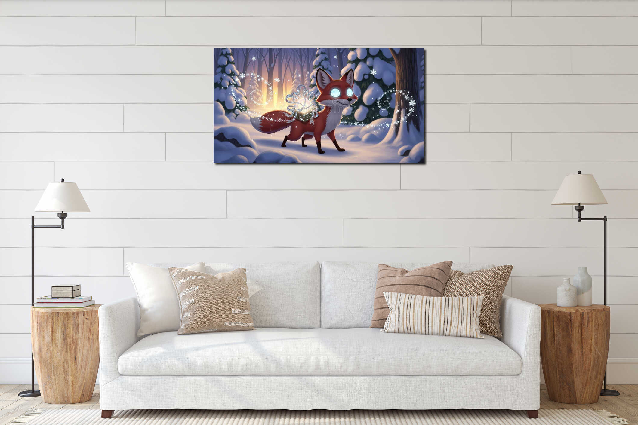 Enchanting fox illustration with glowing eyes and ribbon tail in a magical snowy forest. concept of winter fantasy, mystical interior mockup