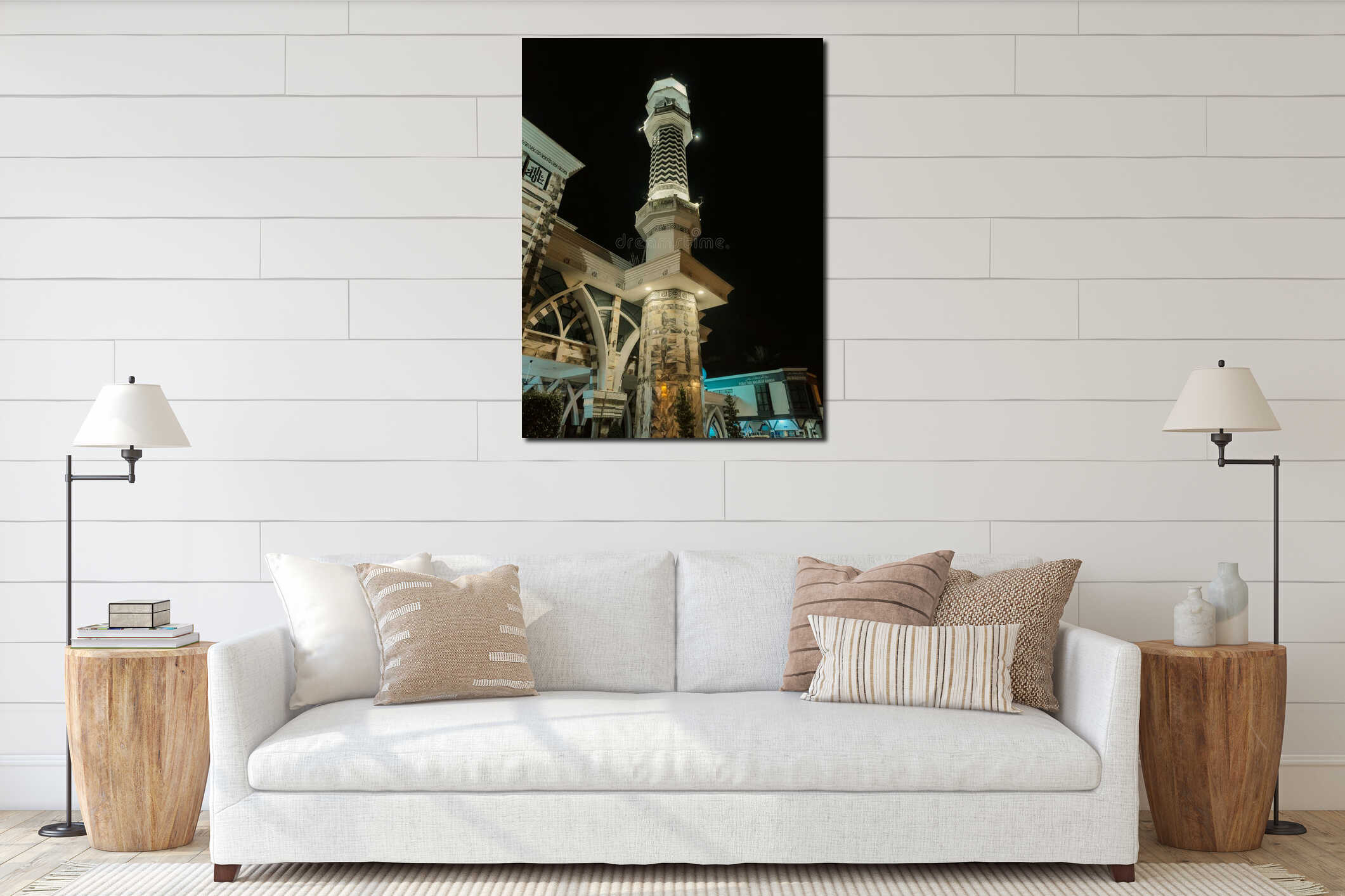 Illuminated Minaret of Masjid Kubang Batang at Night. interior mockup