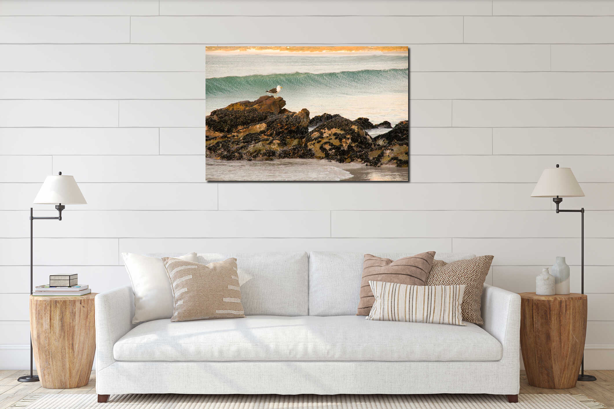 Seagull rocks sea interior mockup