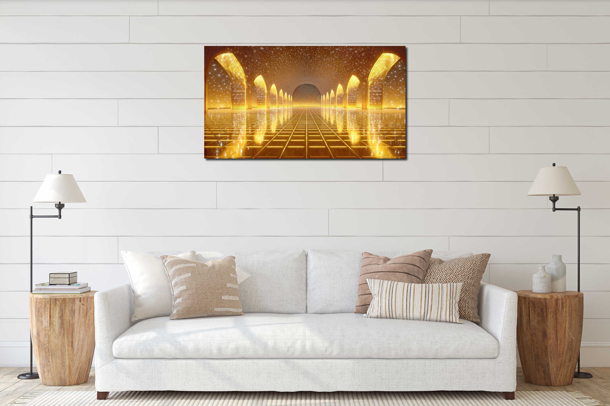 Luxury Golden Islamic Corridor: Abstract Architectural Background with Arches and Glitter Stars interior mockup