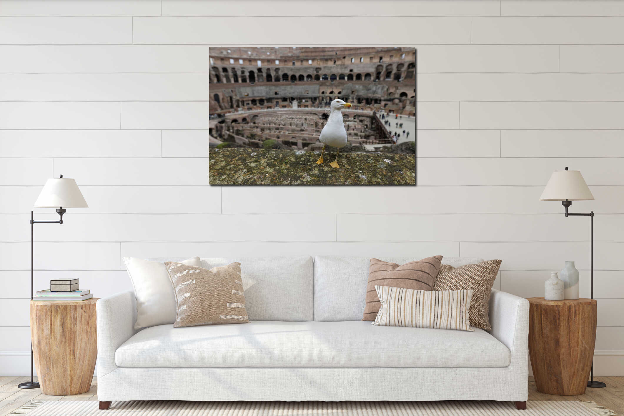 Seagull on the ruins of the ancient Colosseum in Rome interior mockup