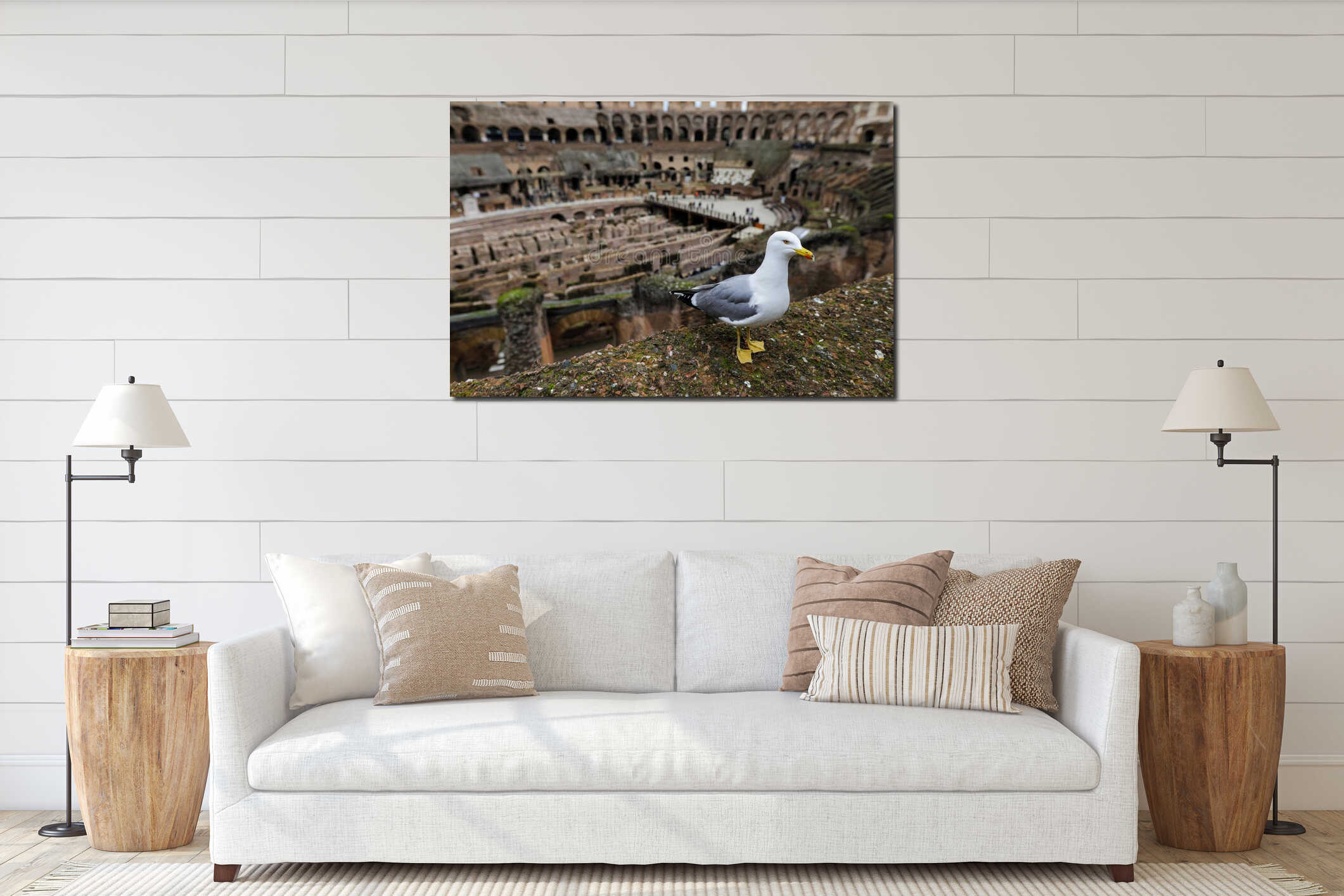 Seagull on the ruins of the ancient Colosseum in Rome interior mockup