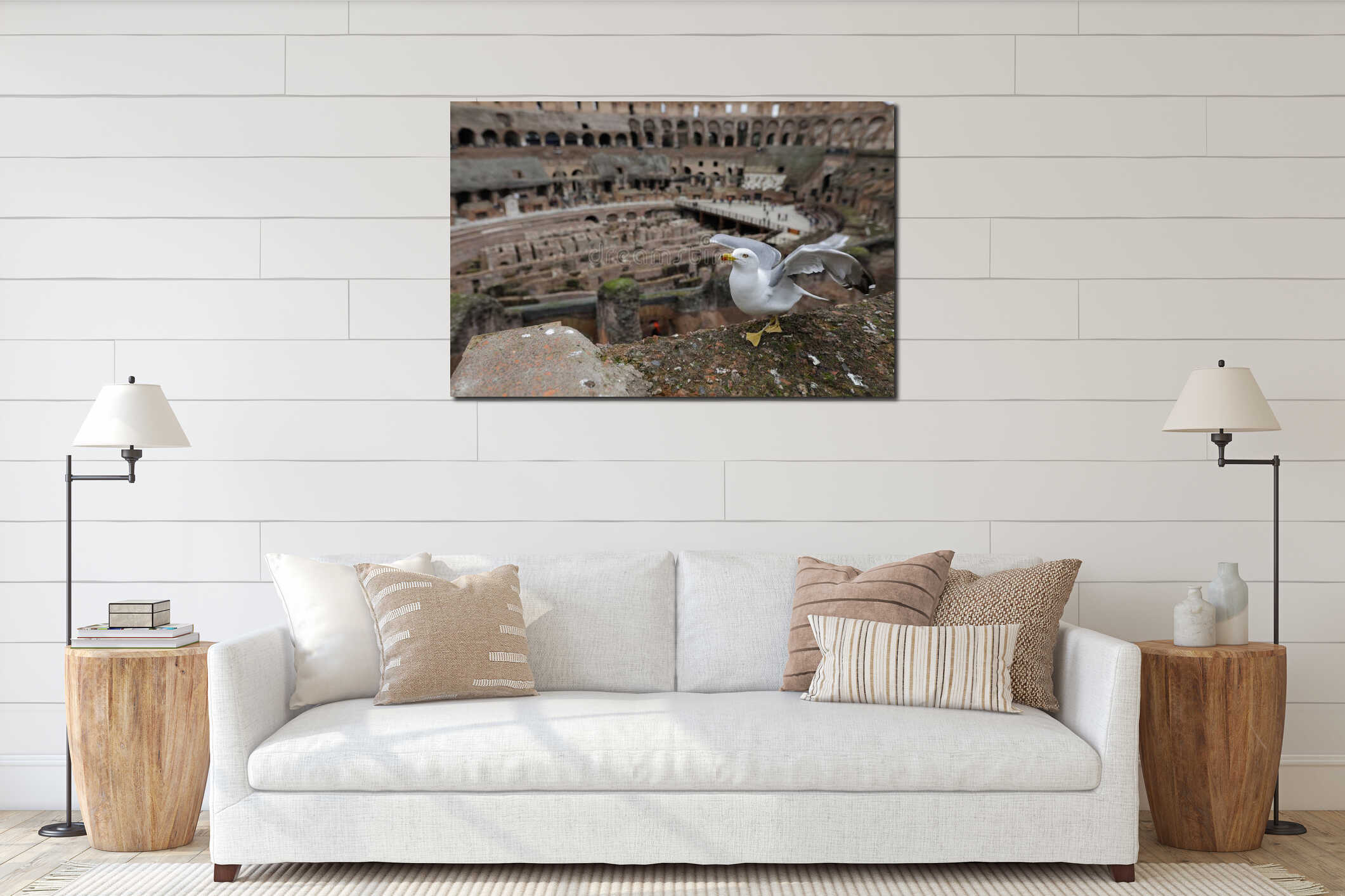 Seagull on the ruins of the ancient Colosseum in Rome interior mockup