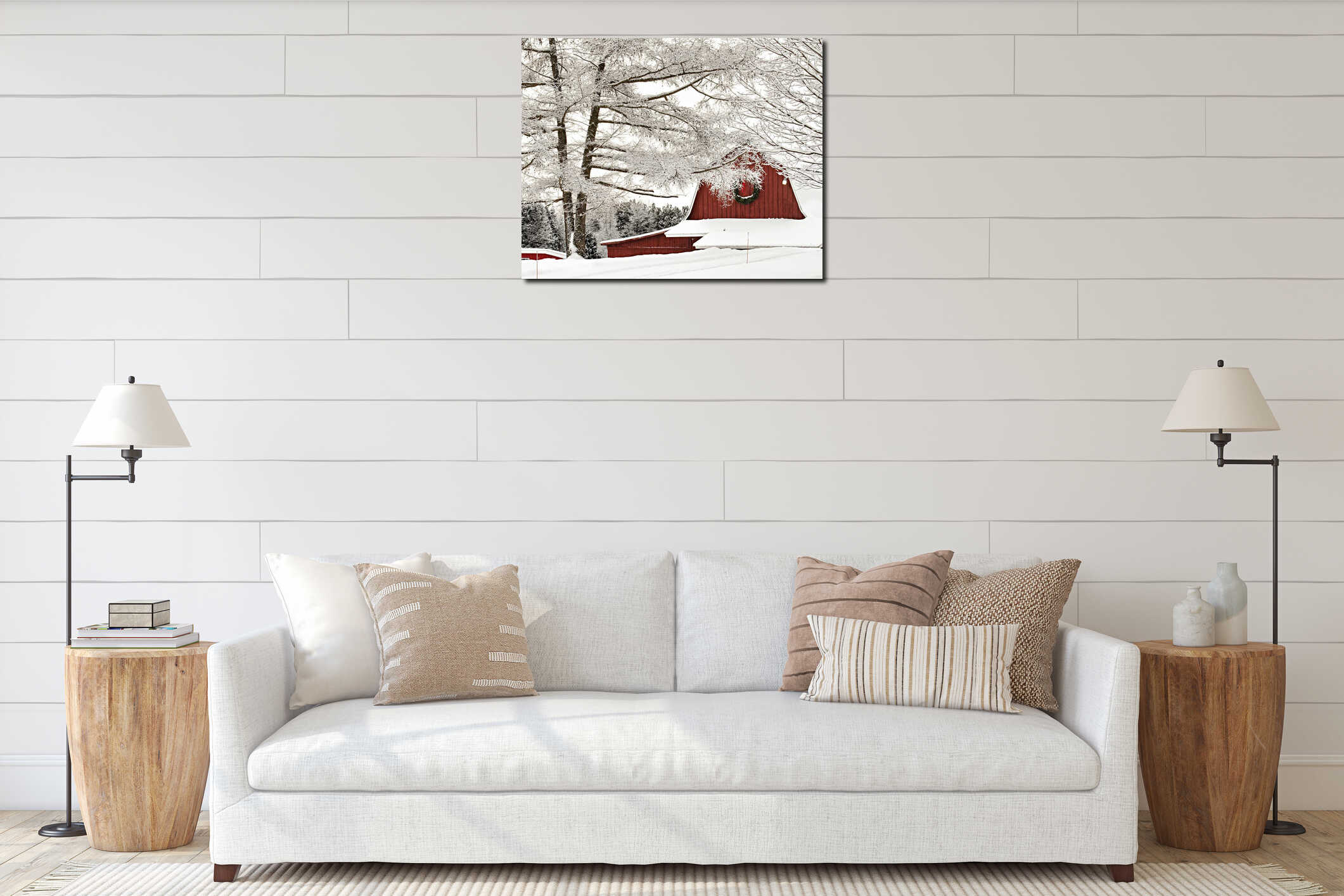 Red Barn with snow covered trees in winter interior mockup