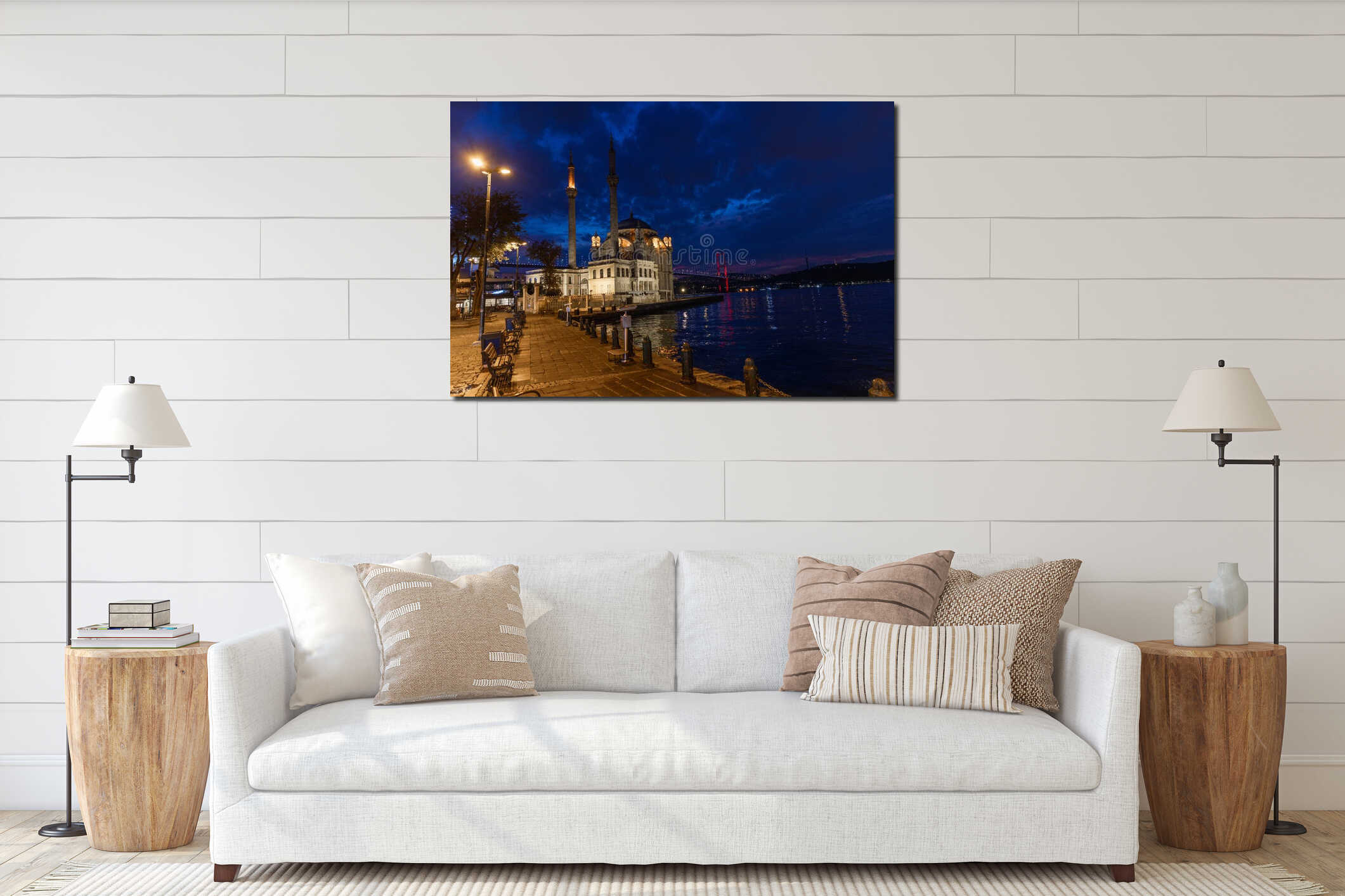 Beautiful View of Ortakoy mosque and Bosphorus bridge, Istanbul, Turkey interior mockup