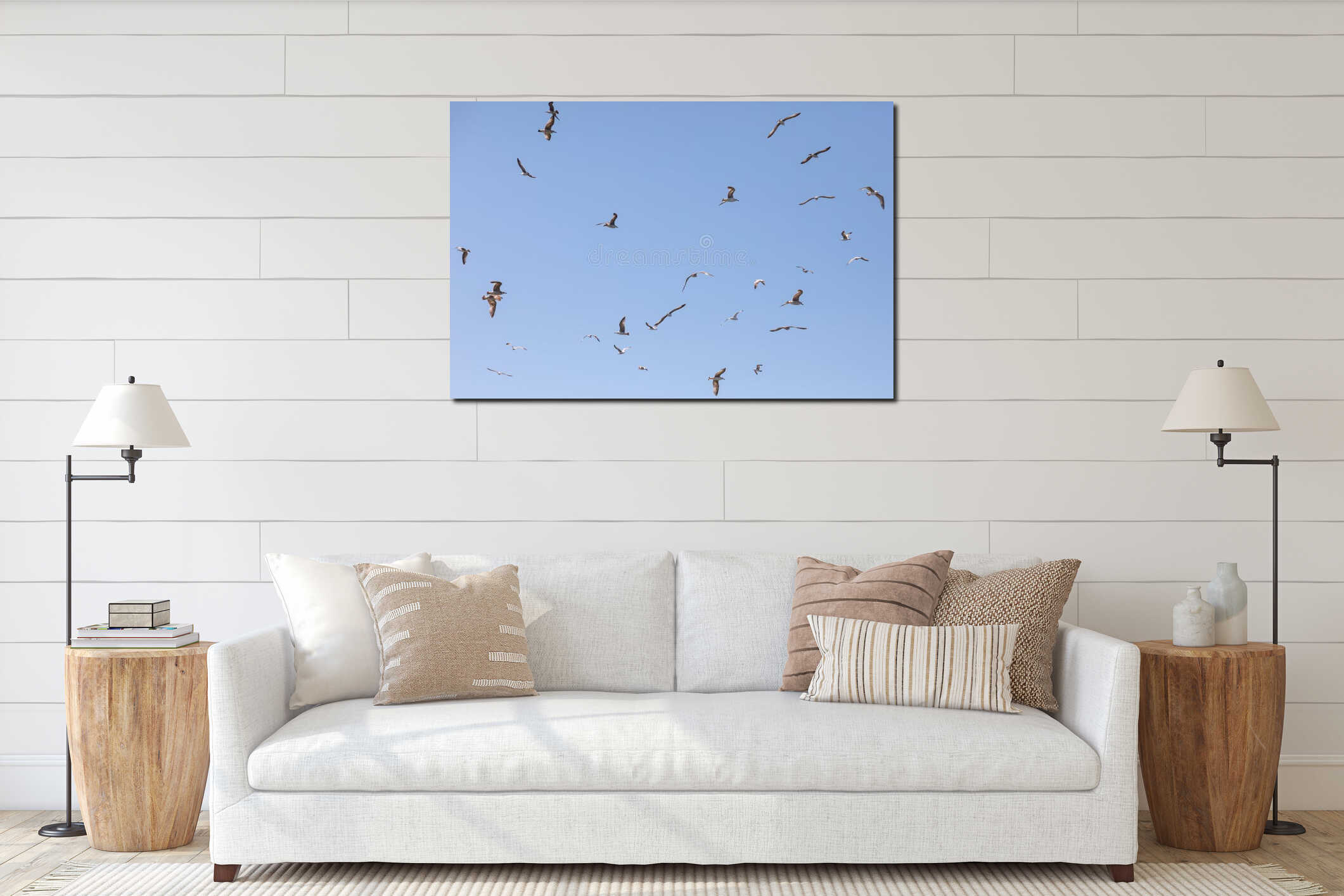 A flock of seagulls flying in the sky interior mockup