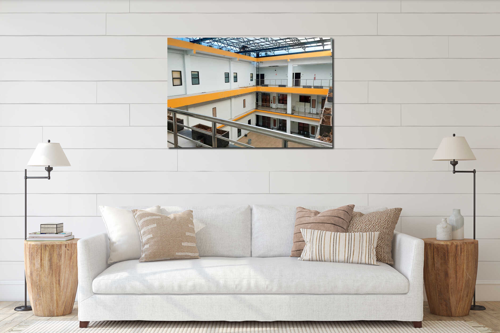 Interior courtyard of a simple multi-story building with white walls interior mockup