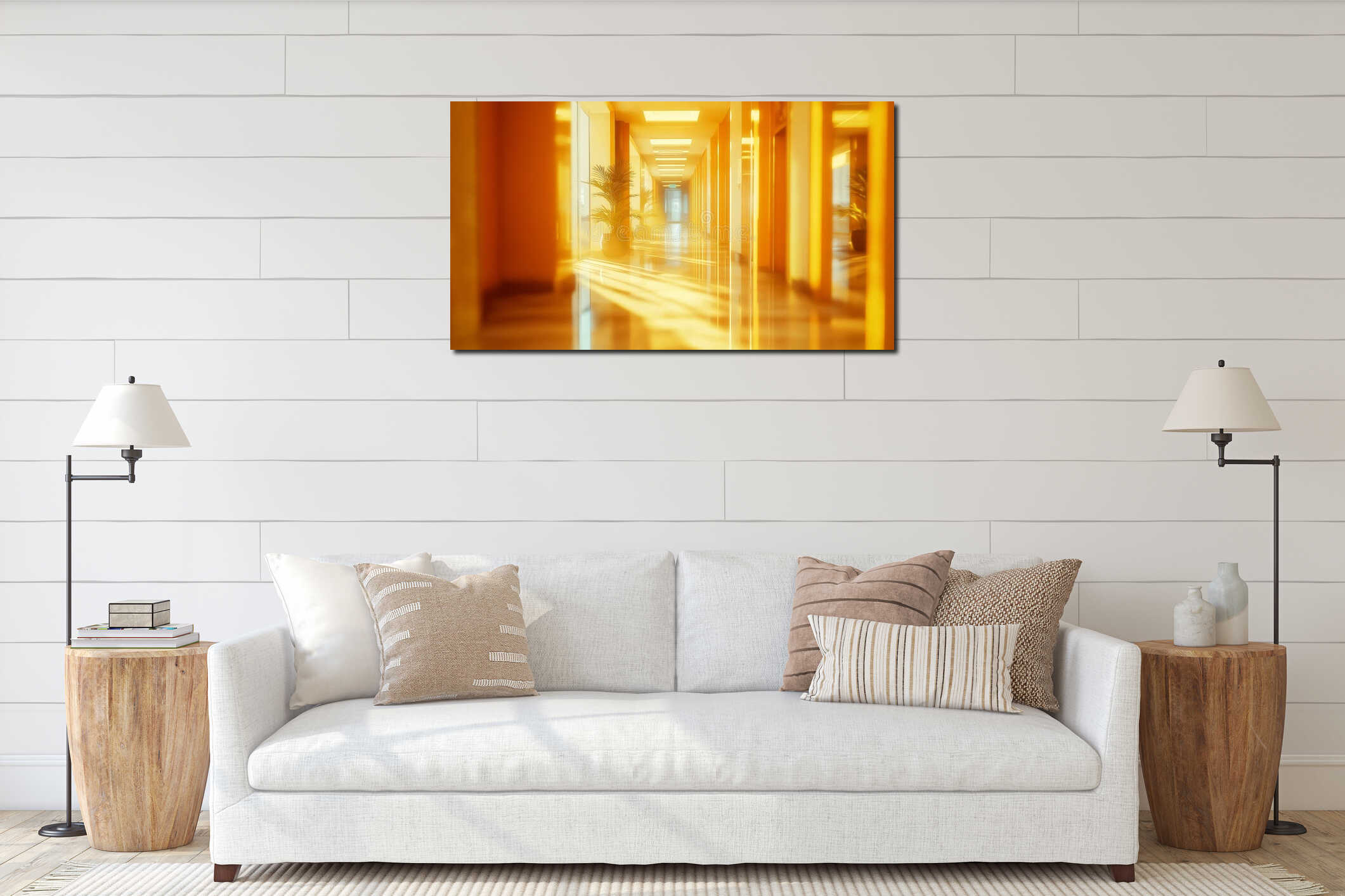 Long, sunlit hospital corridor with plants. Bright hallway interior mockup