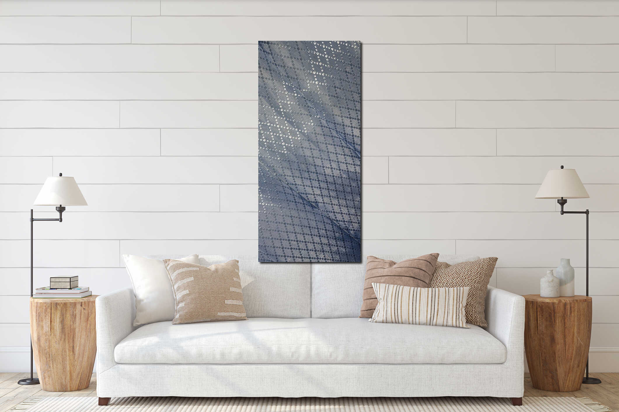 Elegant light blue fabric with a subtle geometric diamond pattern, perfect for apparel and home decor projects interior mockup