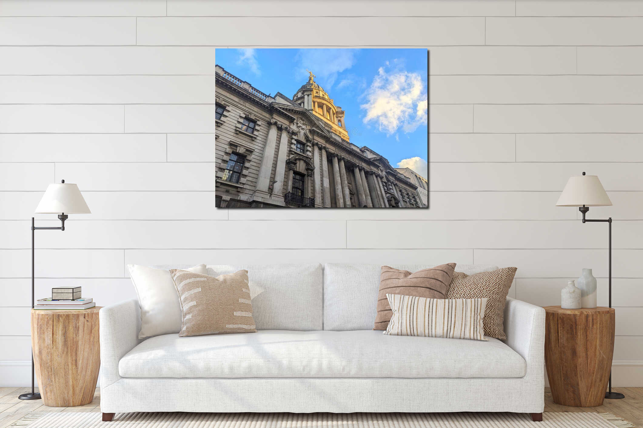 Golden sunlight illuminates the grand dome and Lady Justice statue of the Old Bailey in London interior mockup