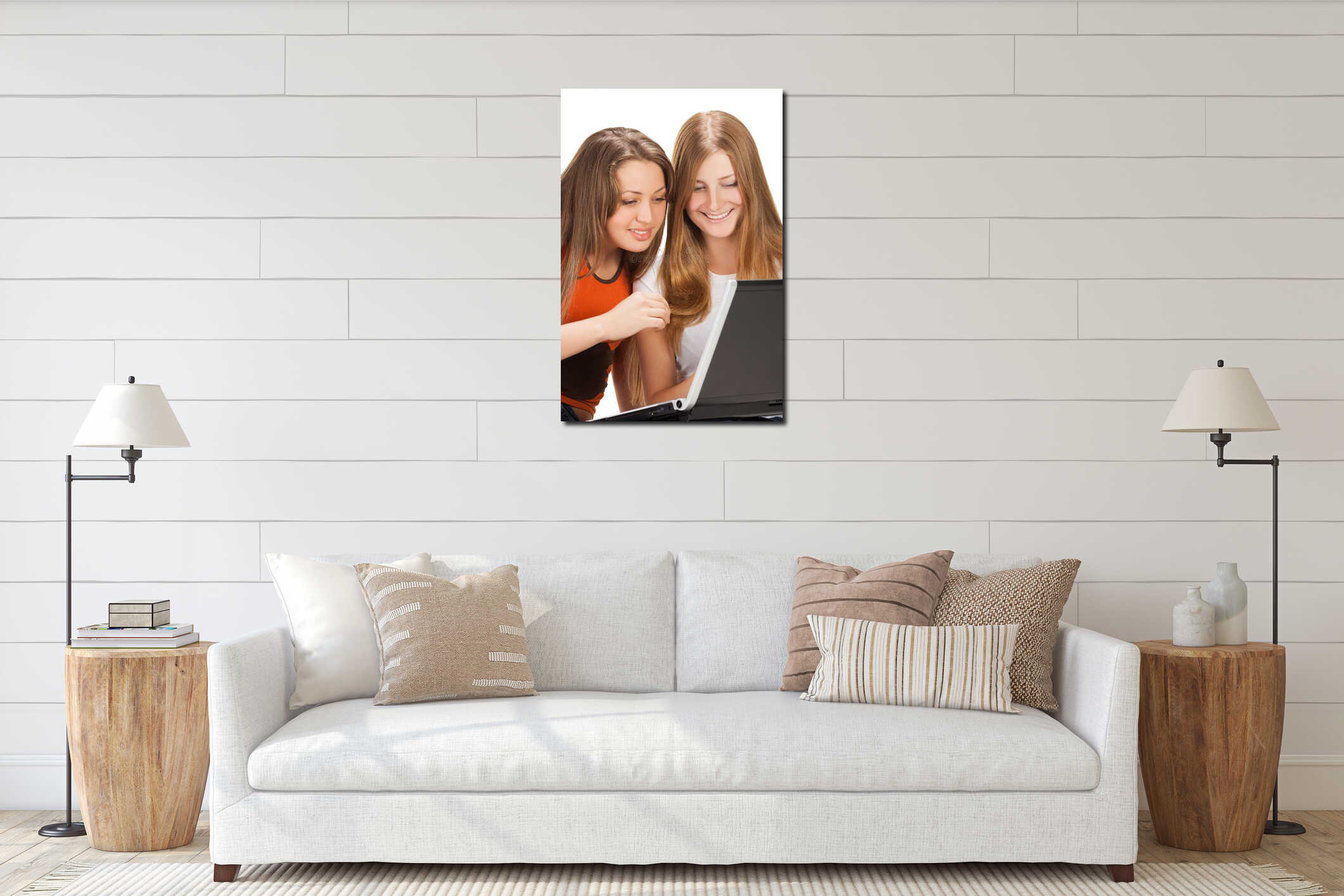 Two pretty young student girls interior mockup