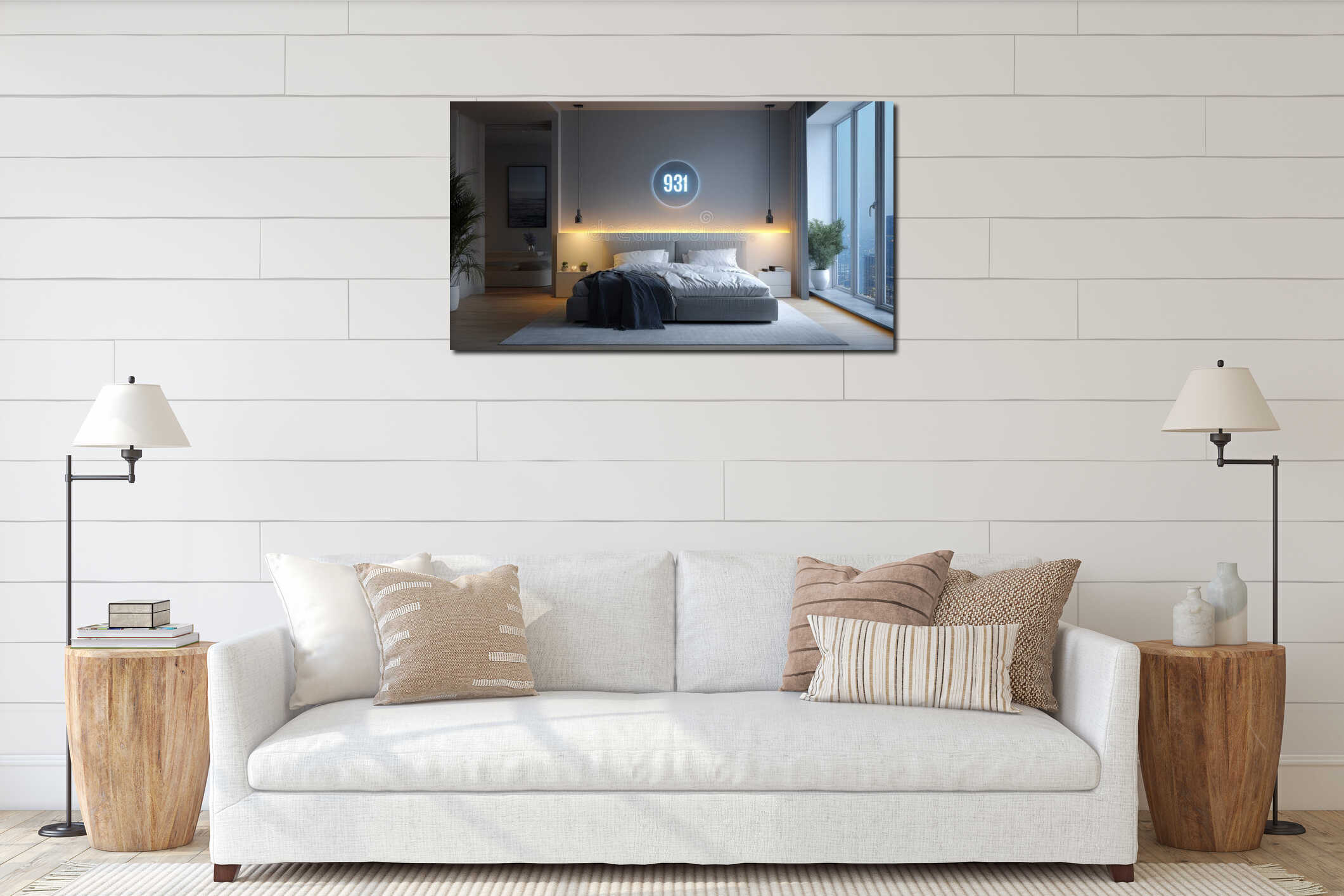 Modern minimalist bedroom with ambient lighting and city view at night interior mockup