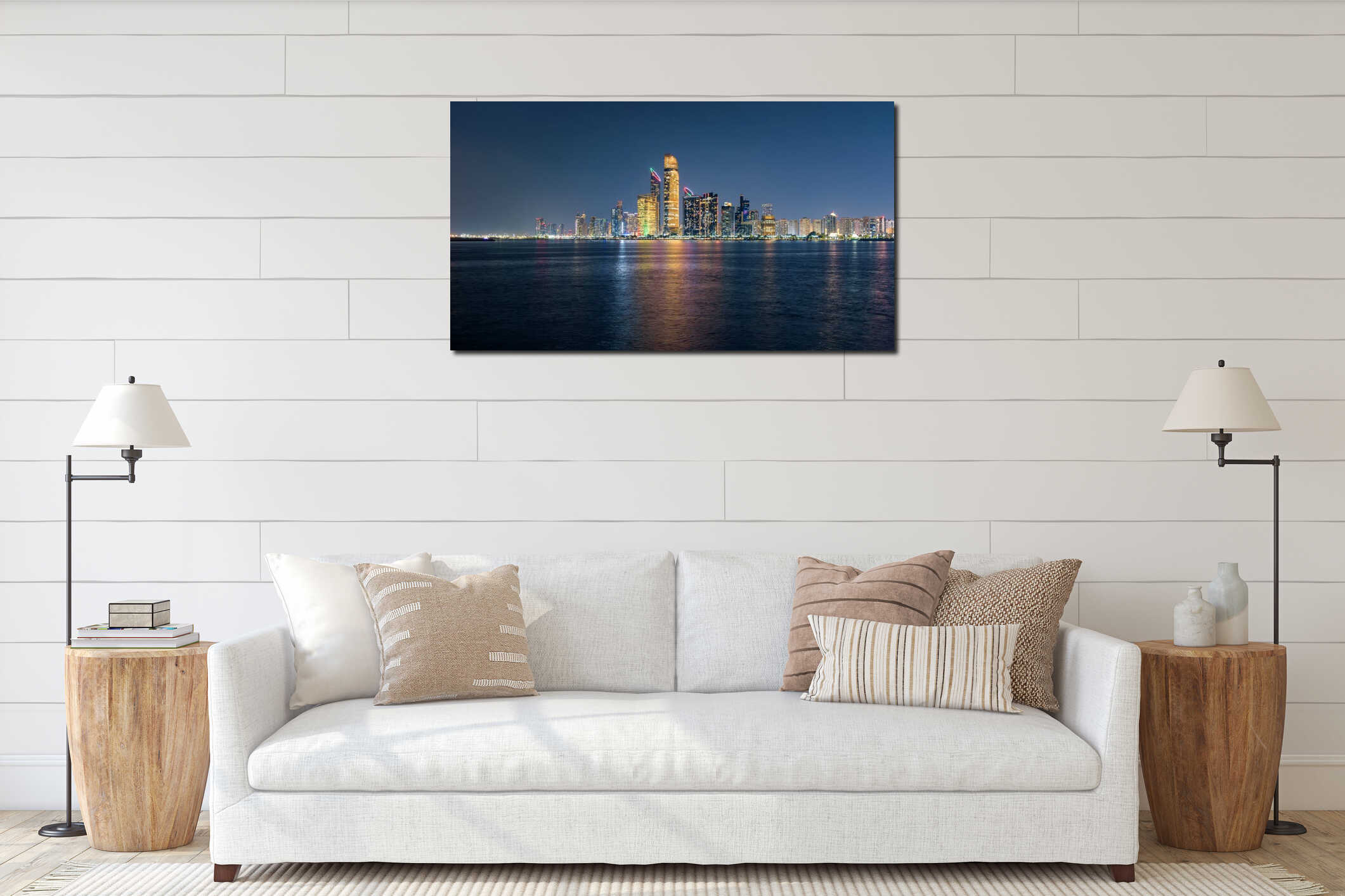 Panoramic Abu Dhabi skyline at night interior mockup