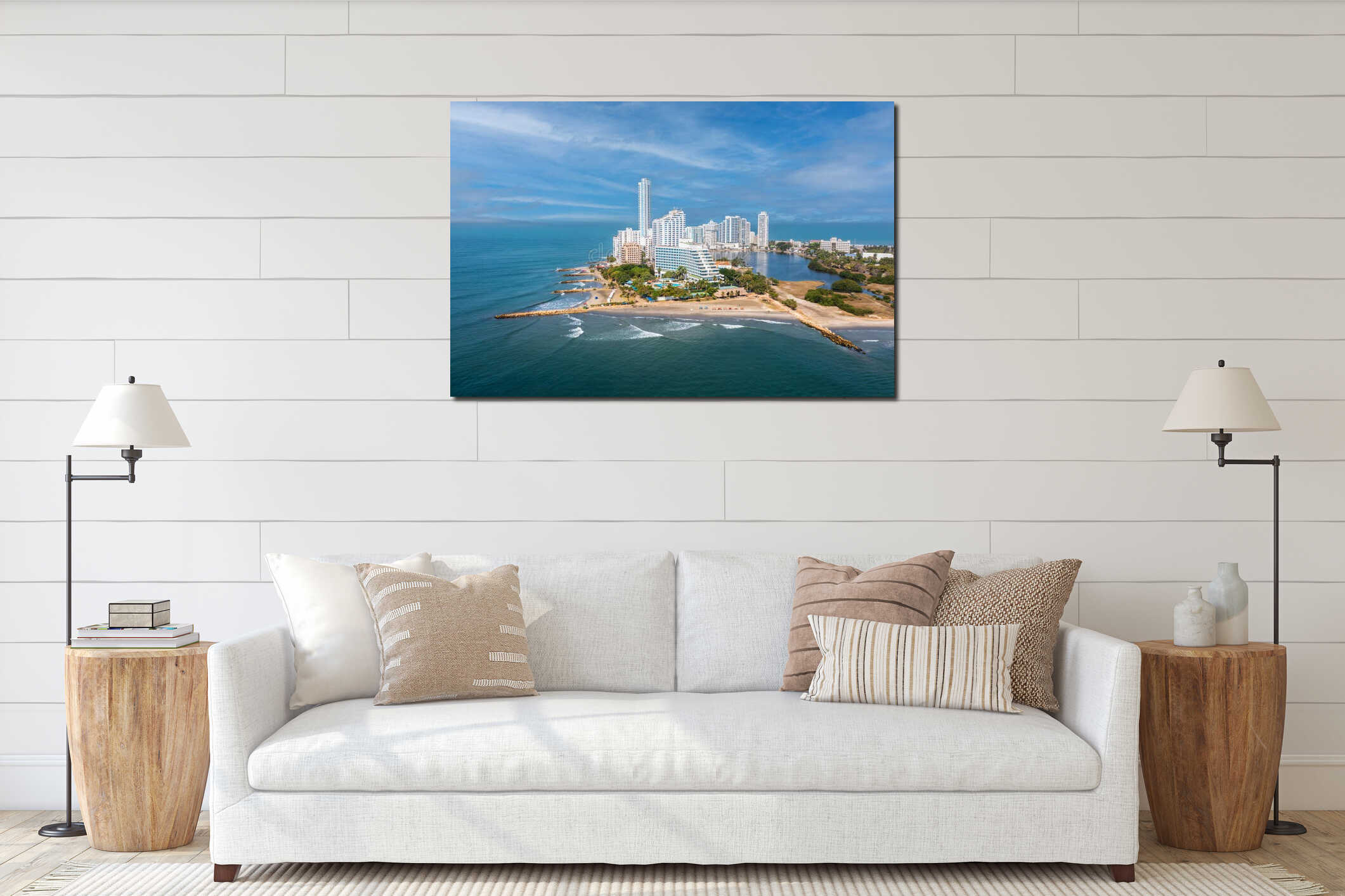 Aerial drone view of Bocagrande peninsula Cartagena with beachfront hotel complex sandy shores and calm Caribbean Sea interior mockup