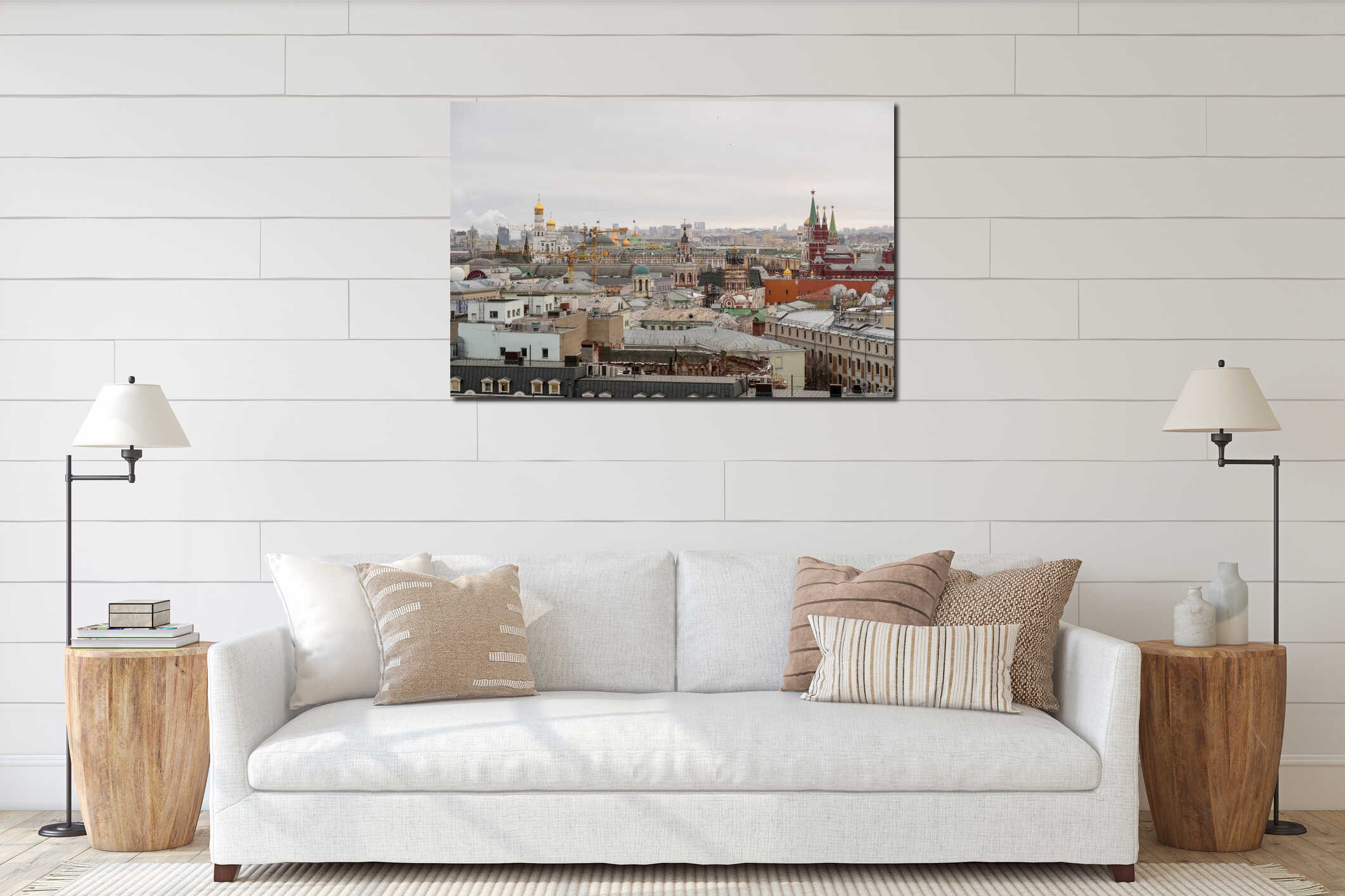 Skyline View of Historic Moscow Featuring Cathedrals, Kremlin Towers, and City Rooftops During a Cloudy Day interior mockup