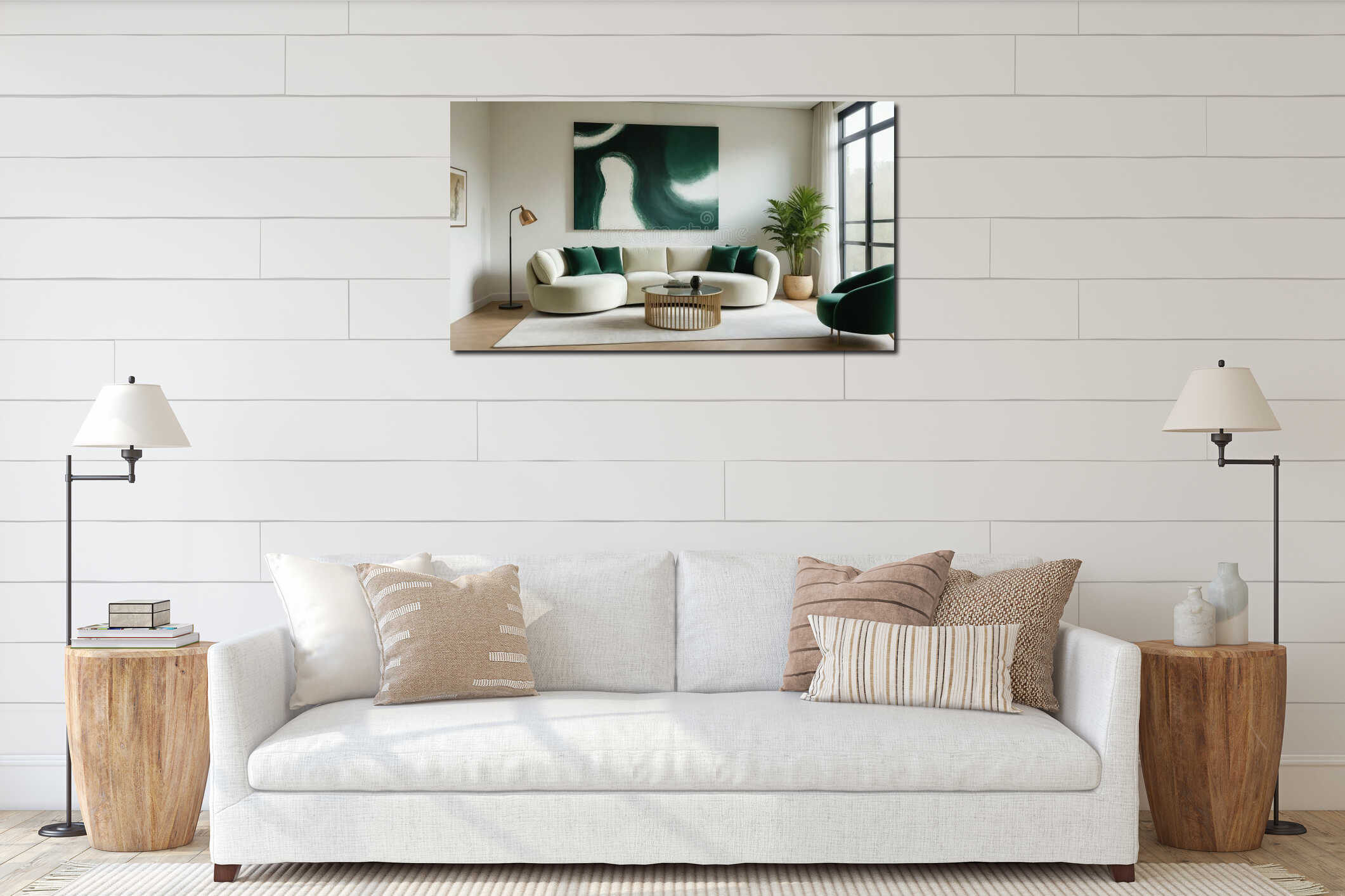 Light-filled interior with white curved sofa, abstract textured mock up wall art and green velvet lounge chair with soft sofa. interior mockup