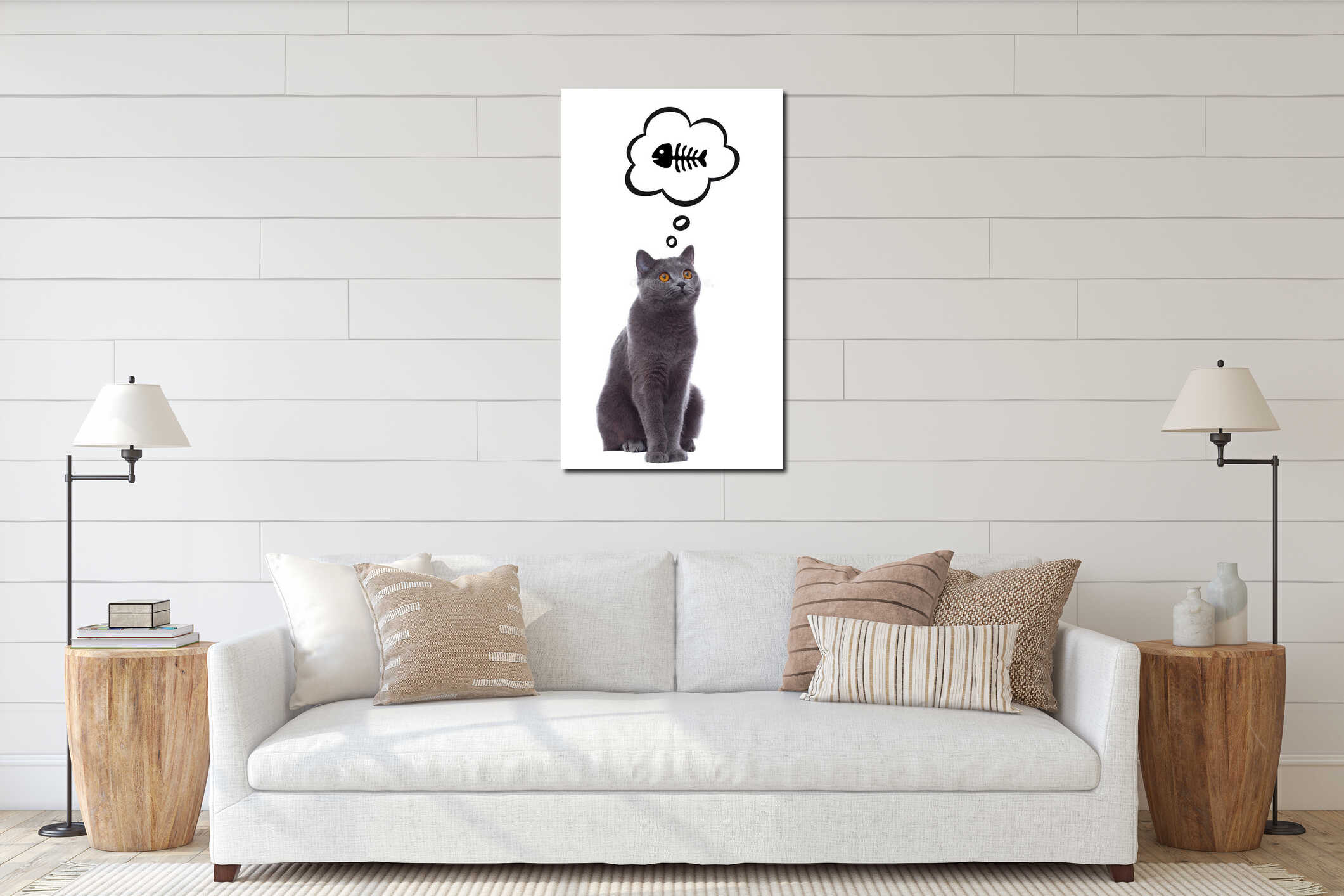 Hungry cat thinking of fish interior mockup