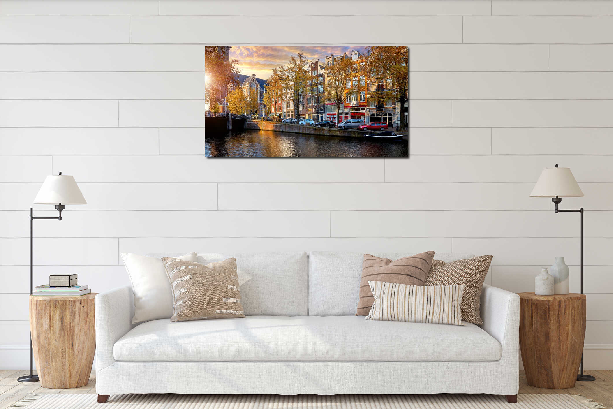 Amsterdam, Netherlands. Bridge over channel houses river Amstel landmark old european city Autumn interior mockup