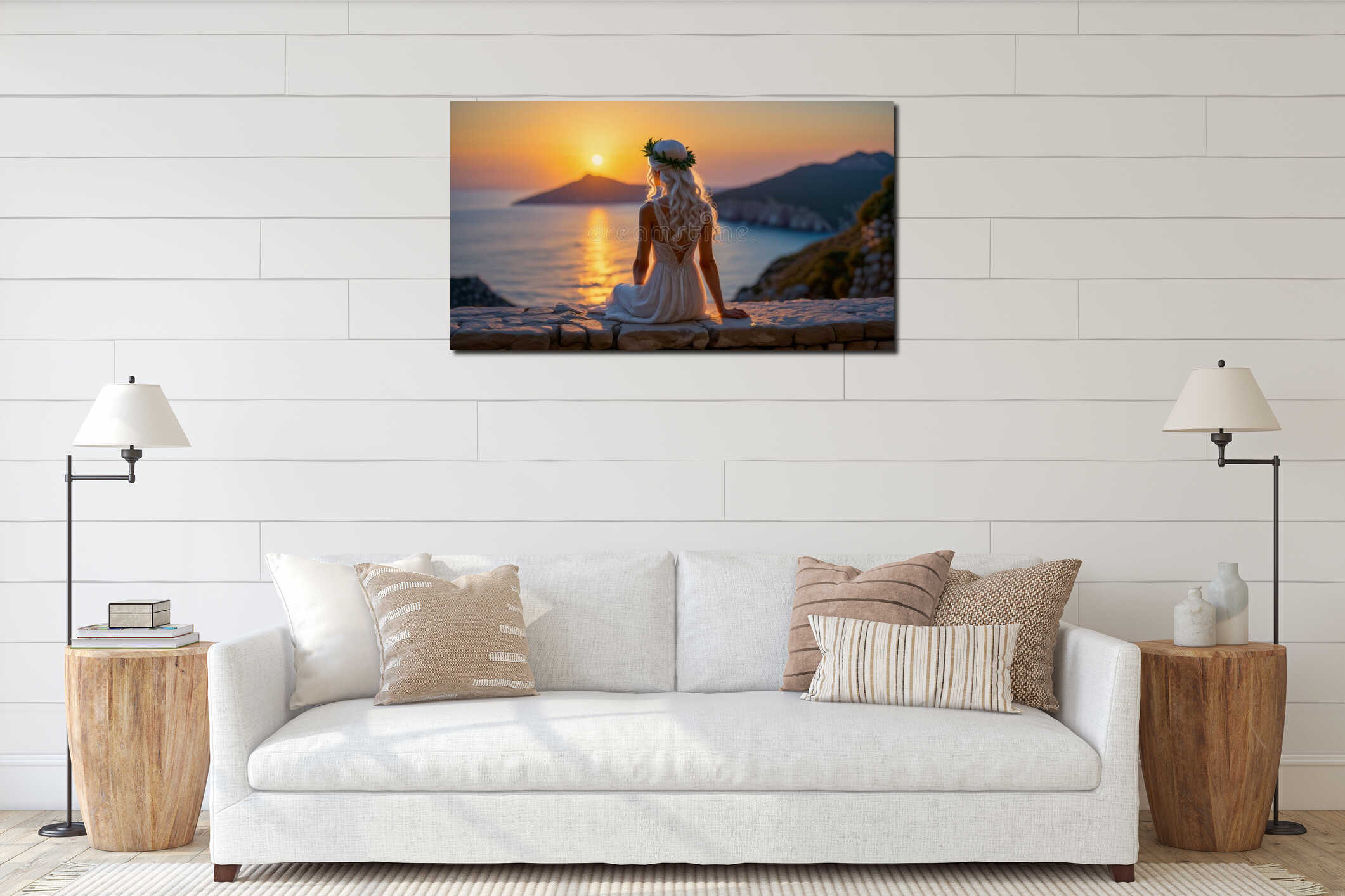 Female figure sitting in front of the sea at dusk, peaceful scene with golden light reflected in the water interior mockup