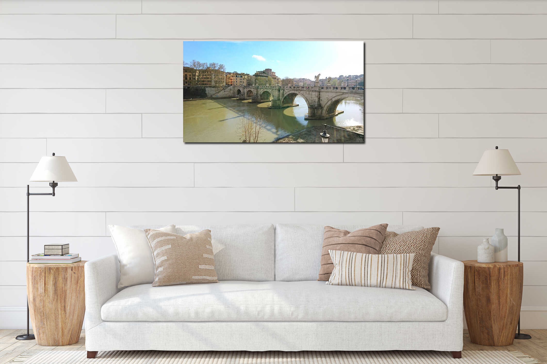 The iconic Ponte Sant'Angelo bridge with its angel statues spanning the Tiber River in Rome, Italy interior mockup