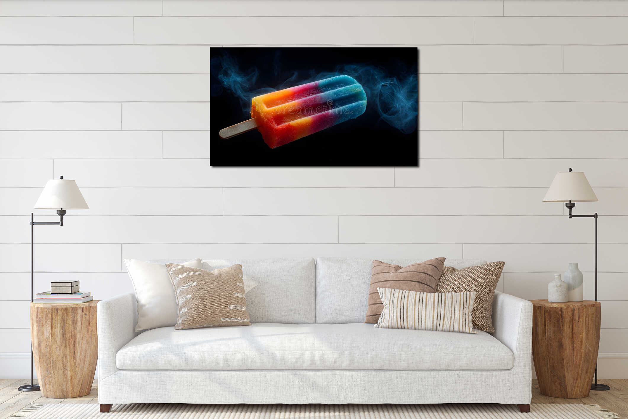 close-up shot of a colorful popsicle on a stick with a hint of smoke in the background interior mockup
