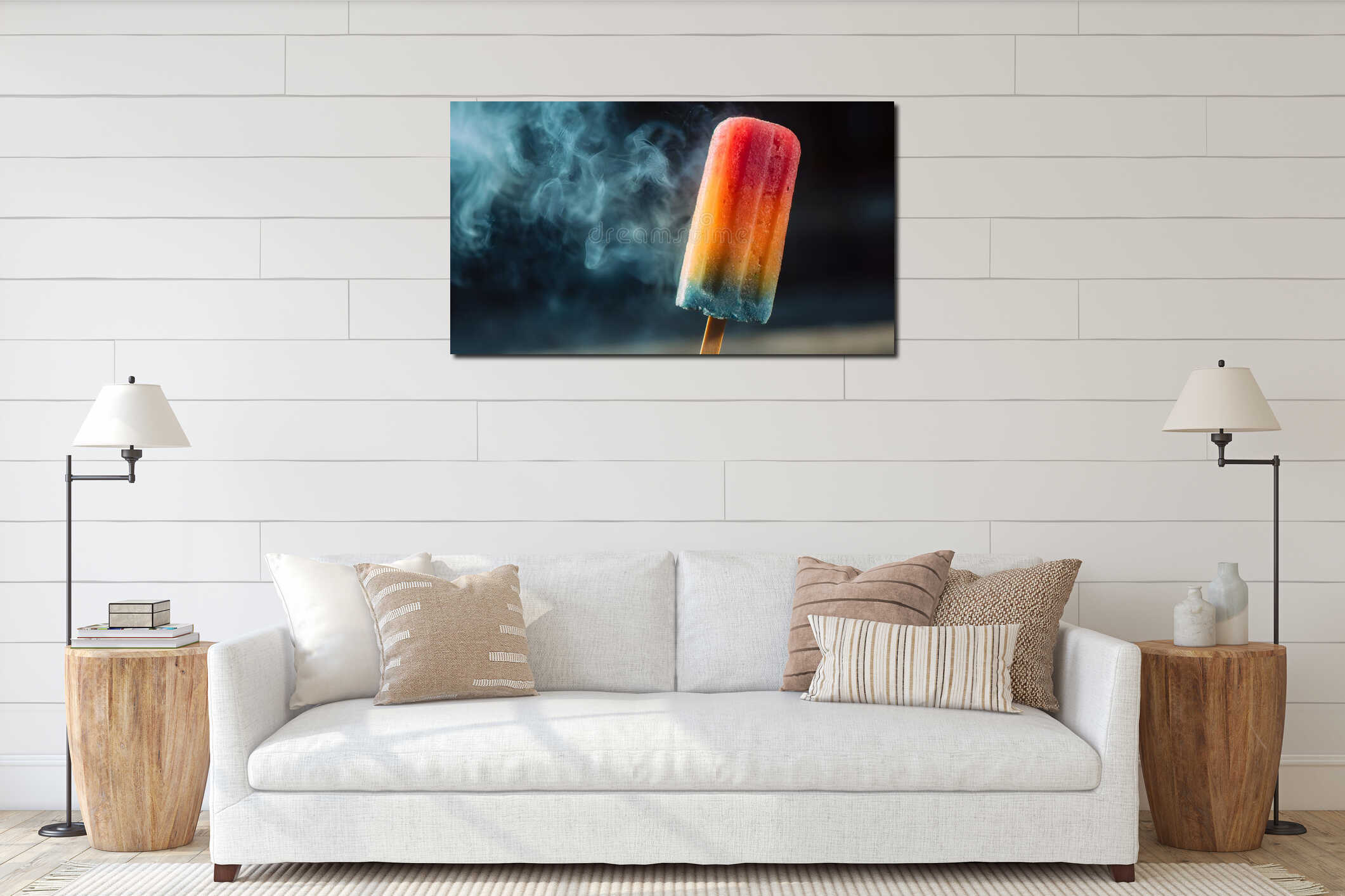close-up shot of a colorful popsicle on a stick with a hint of smoke in the background interior mockup