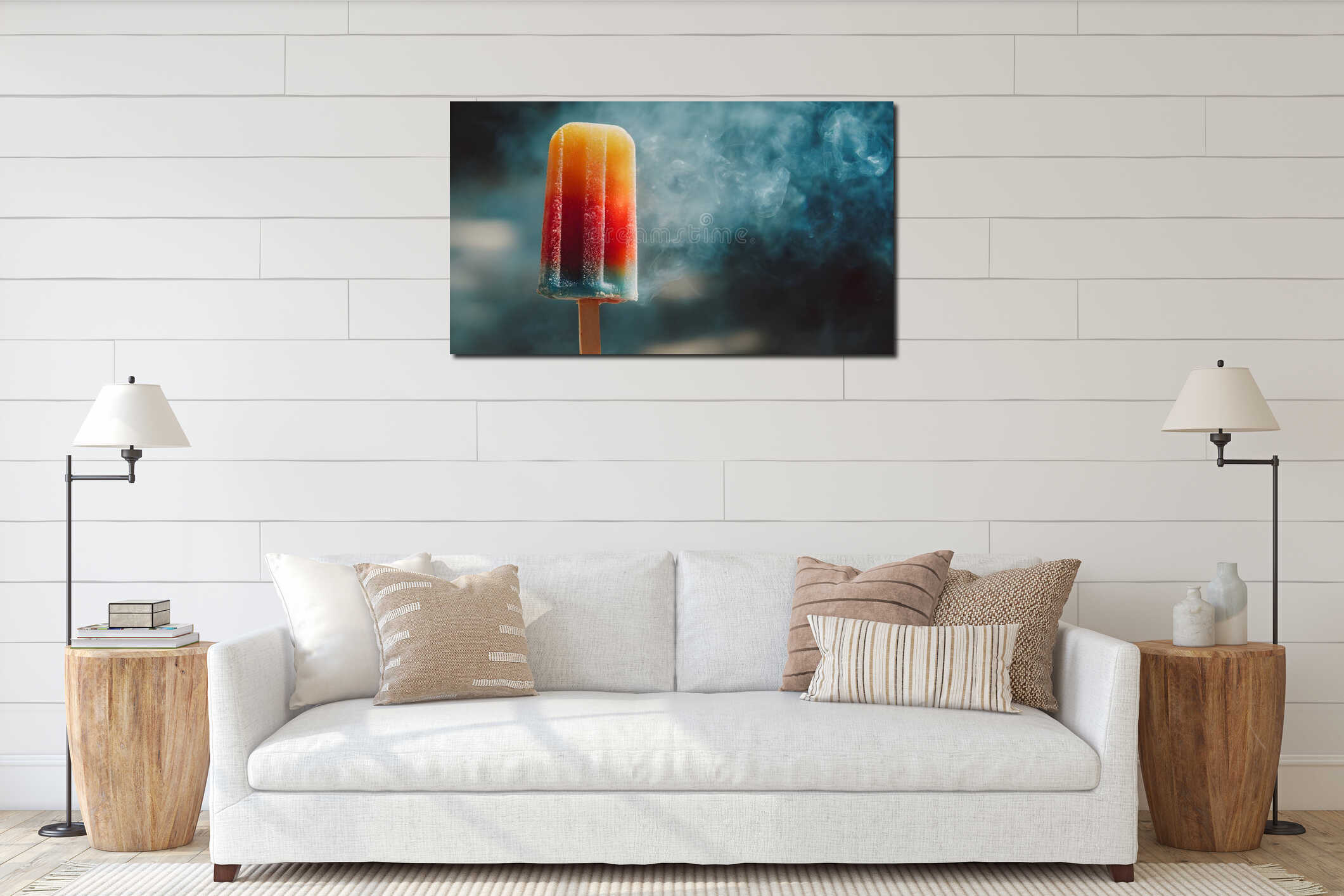 close-up shot of a colorful popsicle on a stick with a hint of smoke in the background interior mockup