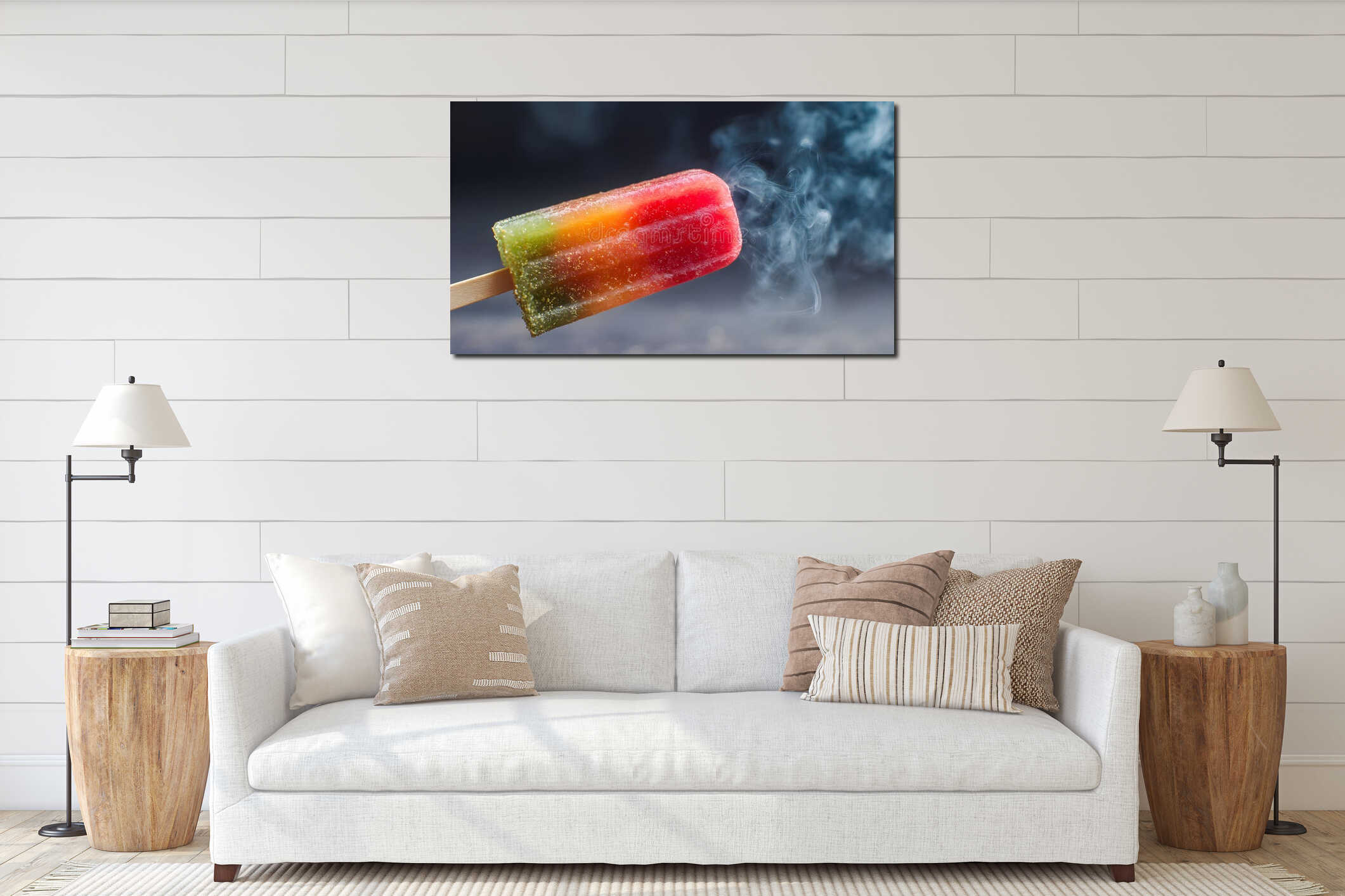 close-up shot of a colorful popsicle on a stick with a hint of smoke in the background interior mockup