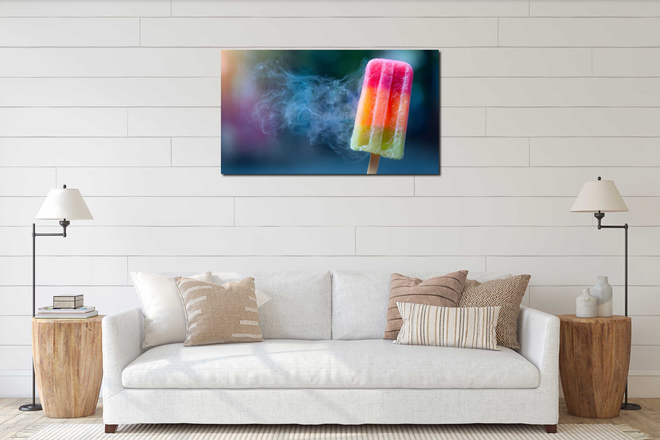 close-up shot of a colorful popsicle on a stick with a hint of smoke in the background interior mockup