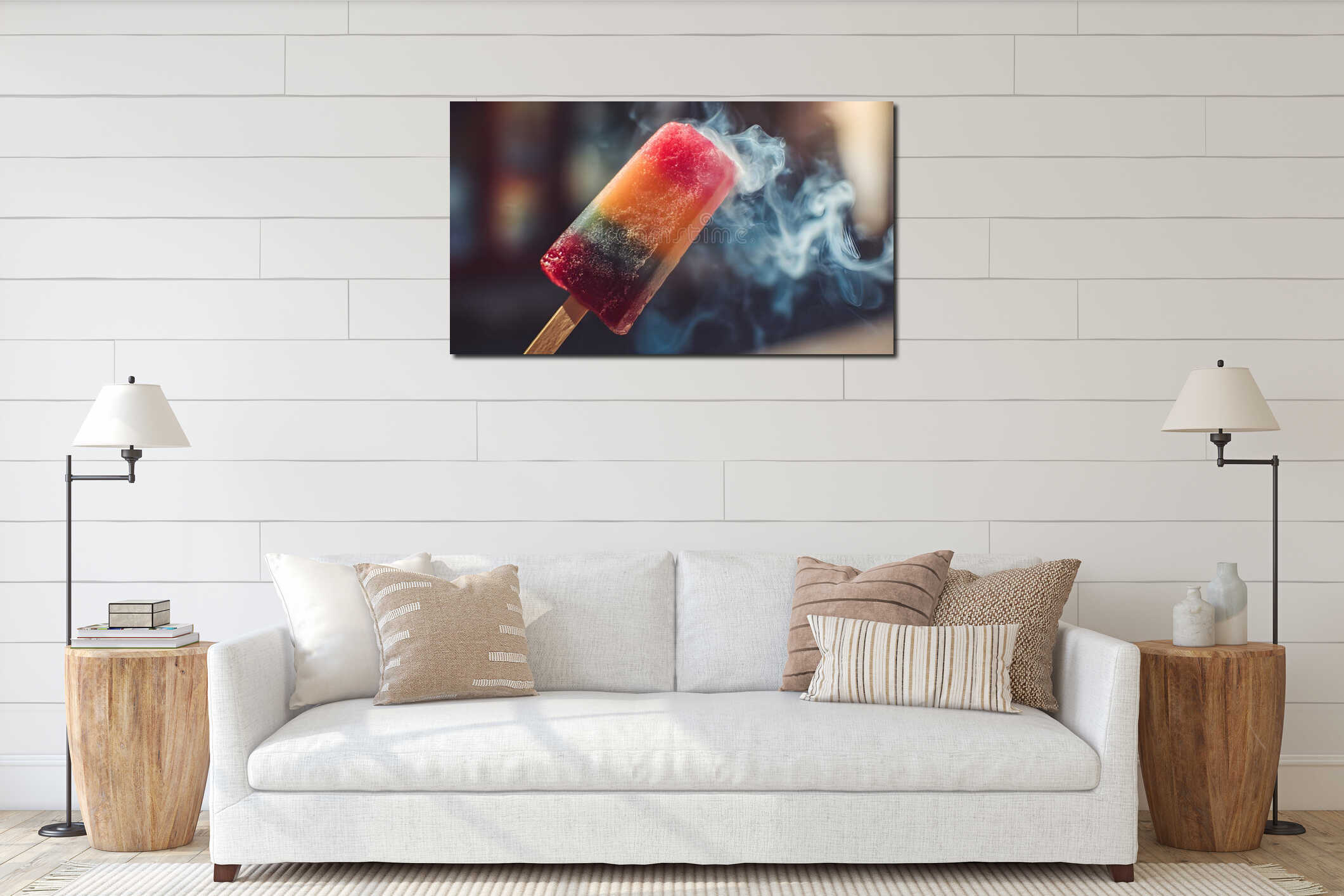 close-up shot of a colorful popsicle on a stick with a hint of smoke in the background interior mockup