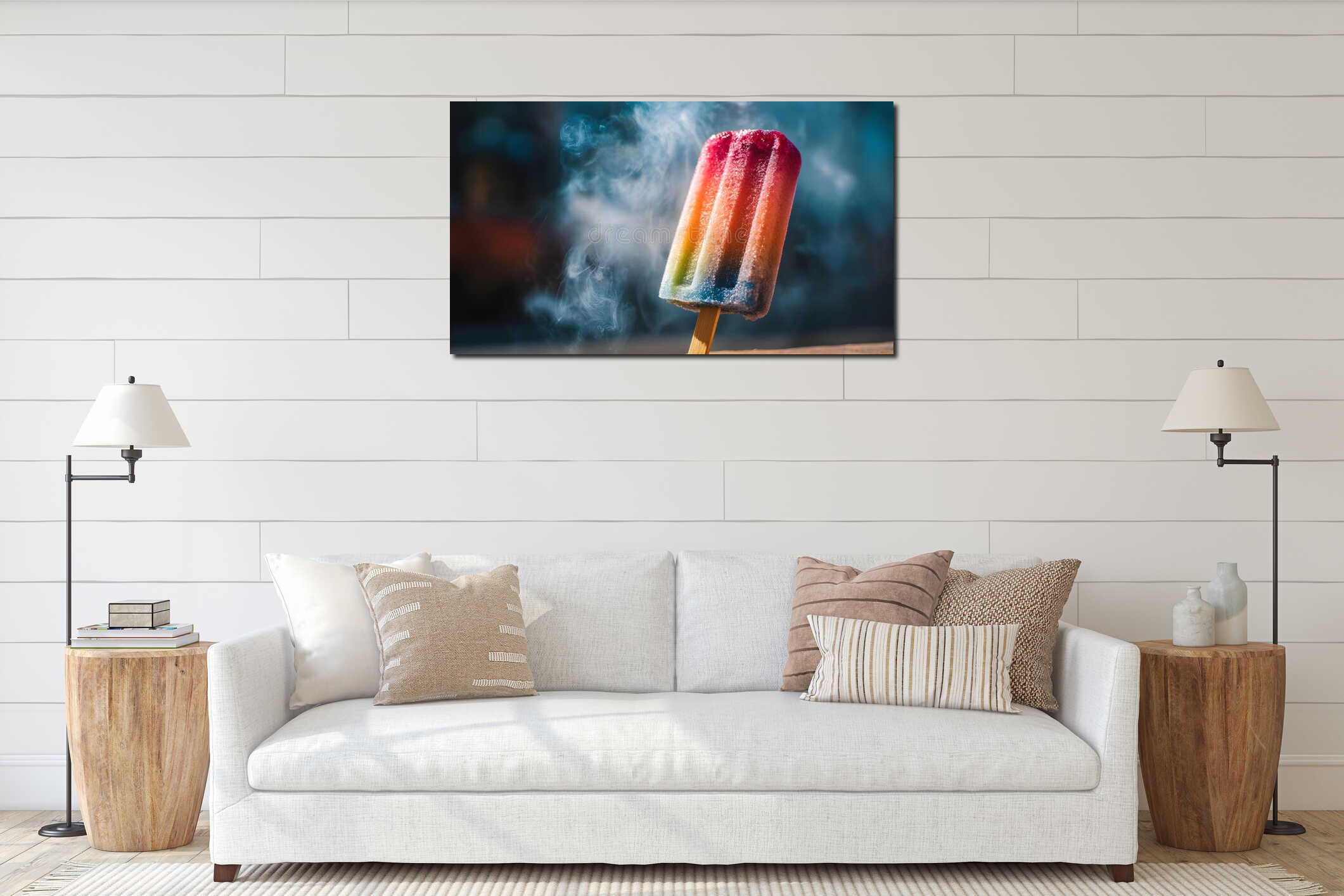 close-up shot of a colorful popsicle on a stick with a hint of smoke in the background interior mockup