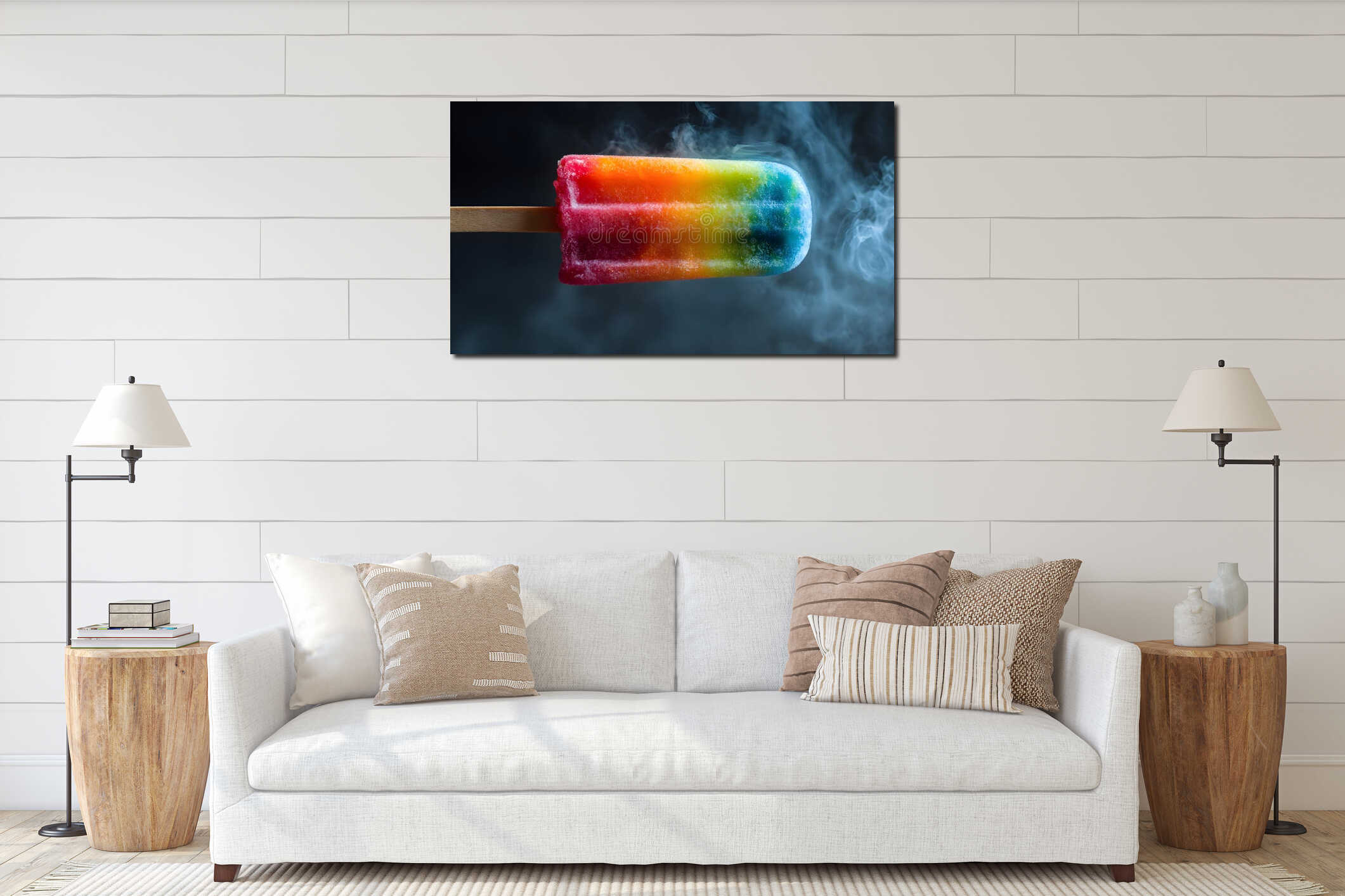 close-up shot of a colorful popsicle on a stick with a hint of smoke in the background interior mockup