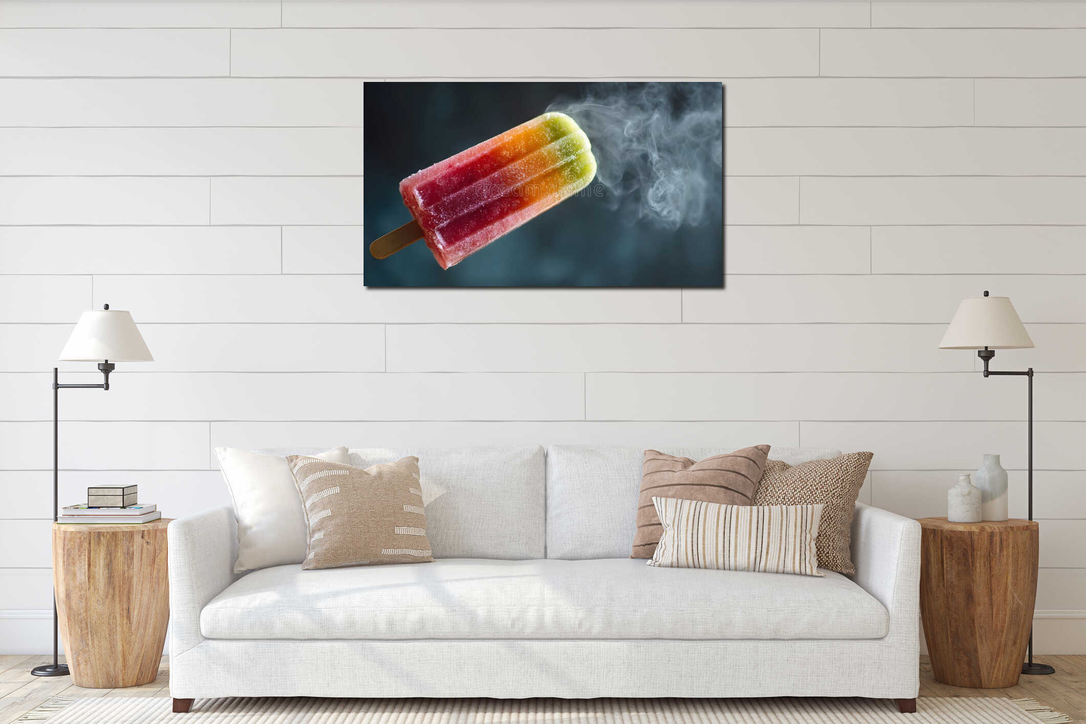 close-up shot of a colorful popsicle on a stick with a hint of smoke in the background interior mockup