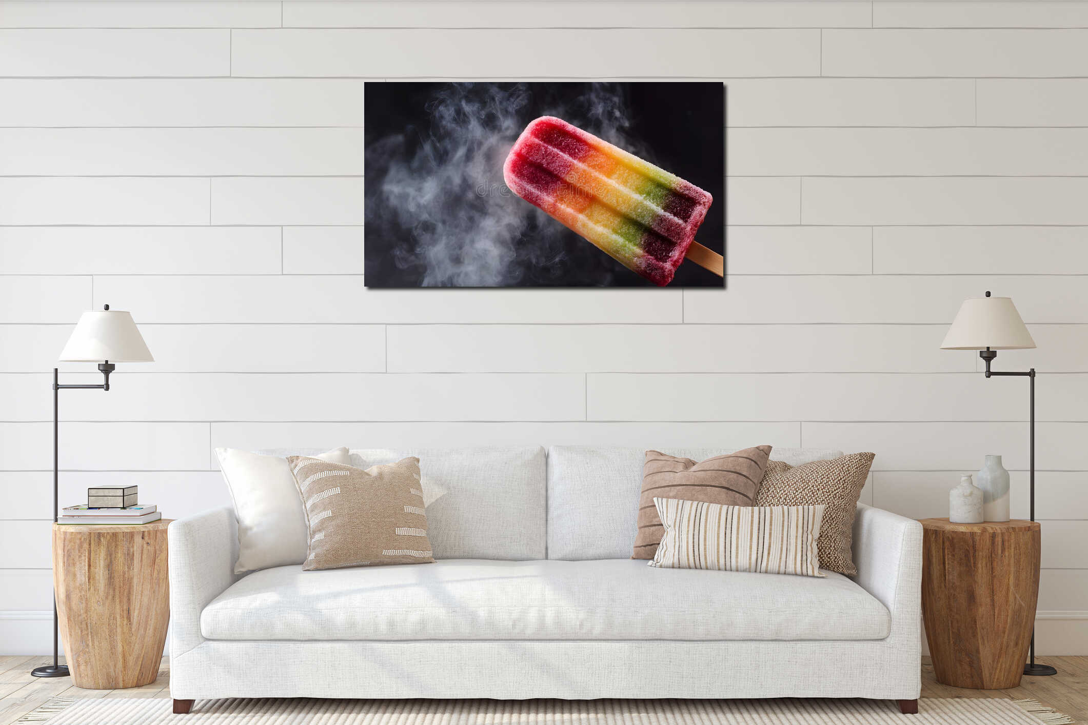 close-up shot of a colorful popsicle on a stick with a hint of smoke in the background interior mockup