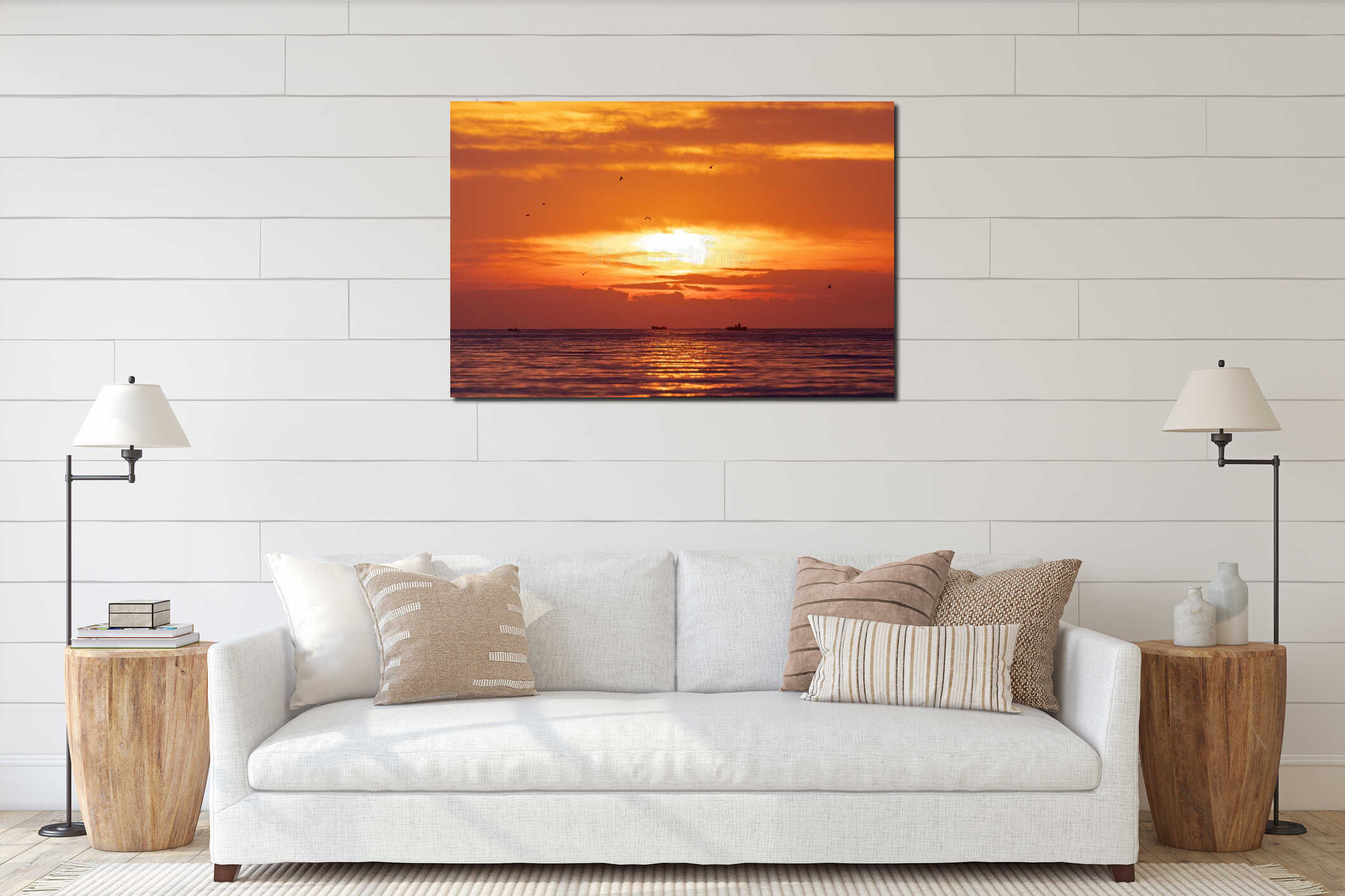 Cloudscape over the sea horizon with flying birds silhouettes beautiful sunrise landscape interior mockup