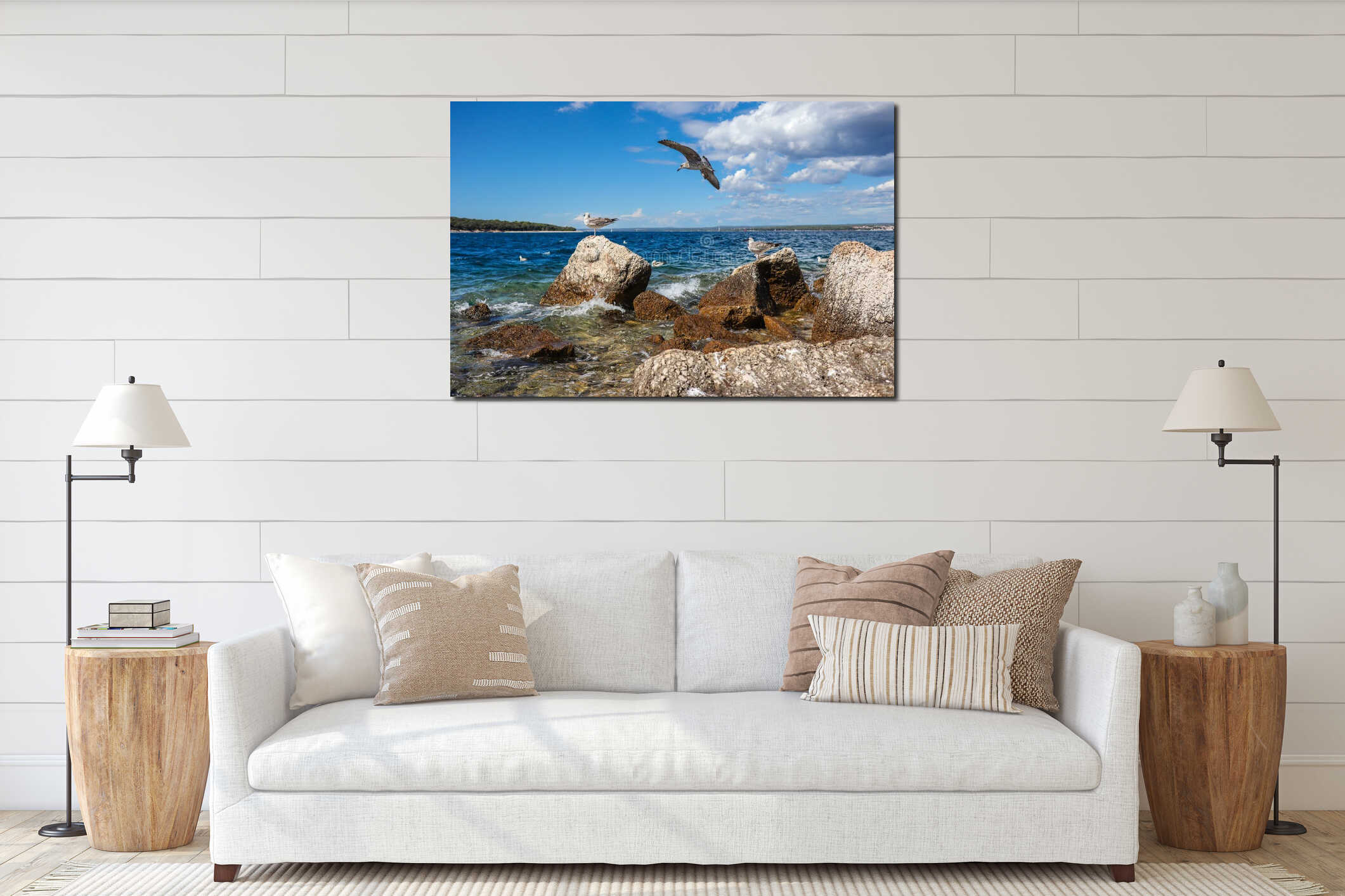 Flying Seagull with Rocks and Adriatic Sea in Sveti Jerolim interior mockup
