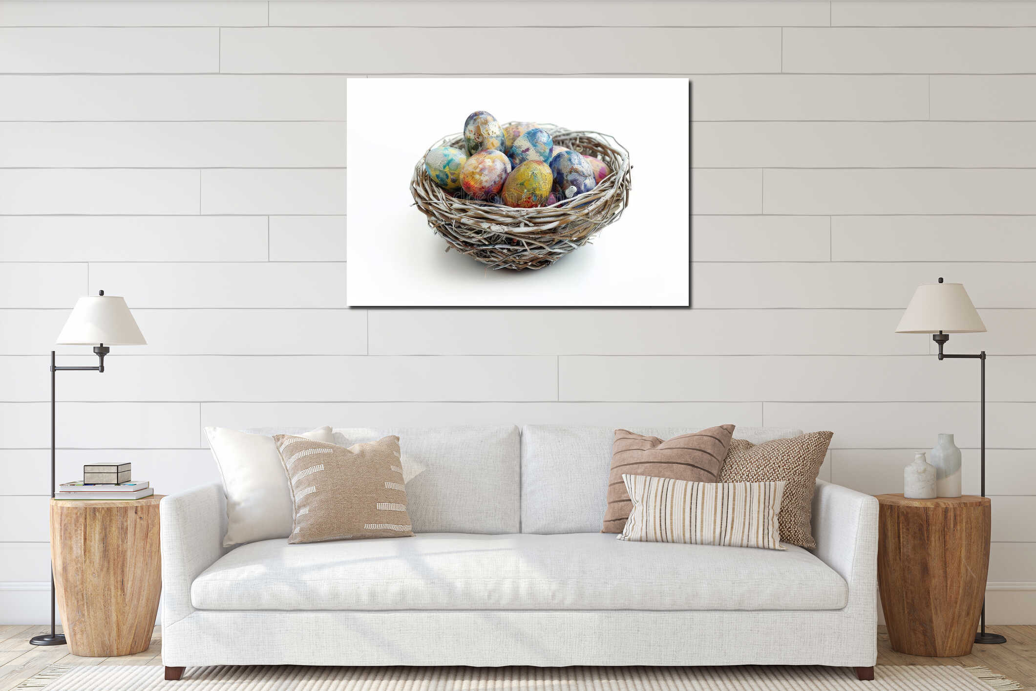 An Easter basket showcases beautifully decorated eggs in various colors, perfect for spring festivities and holiday traditions interior mockup