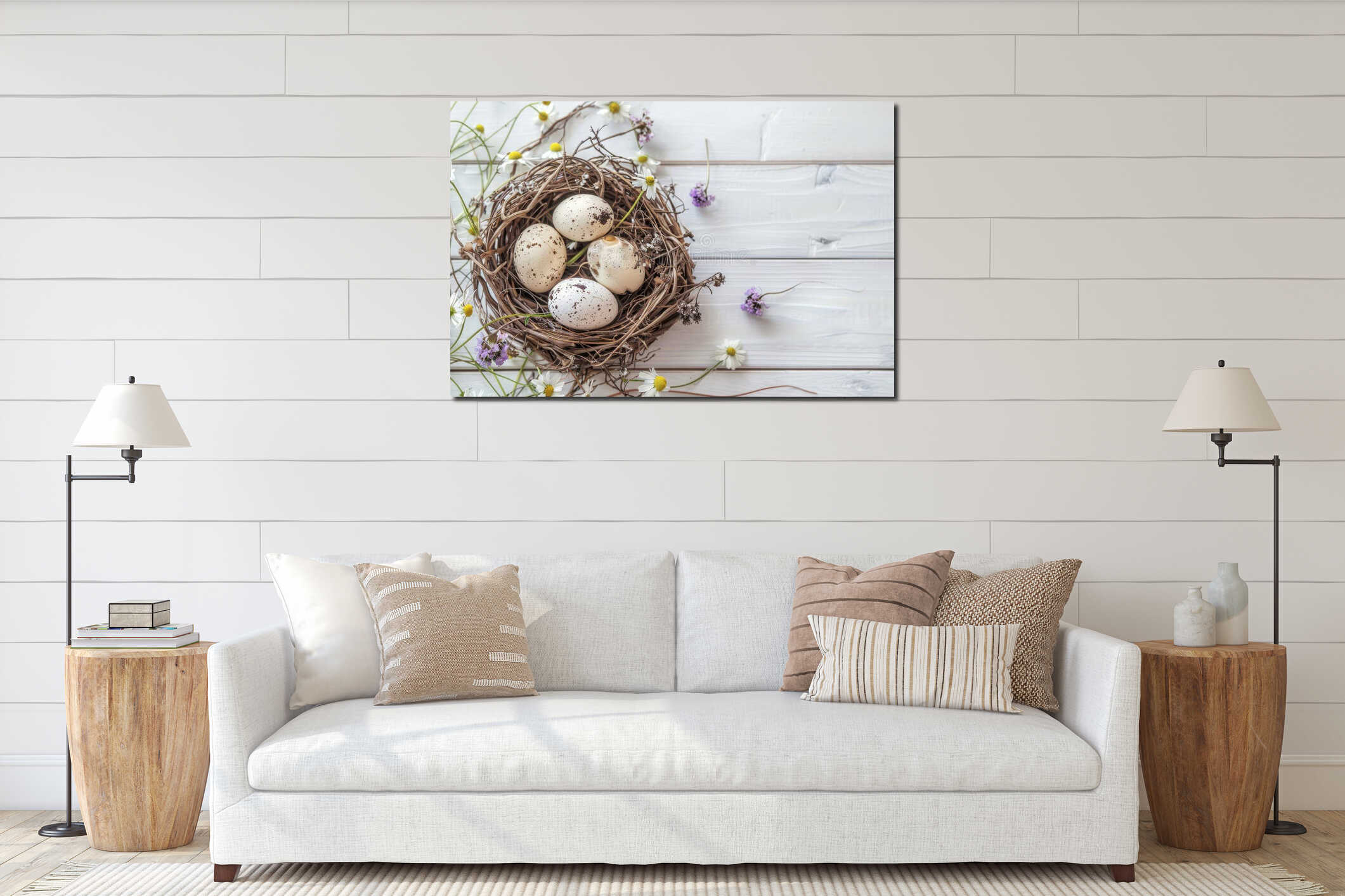 Easter eggs in various colors alongside quail eggs nestled in a twigs nest with blooming spring flowers around them interior mockup