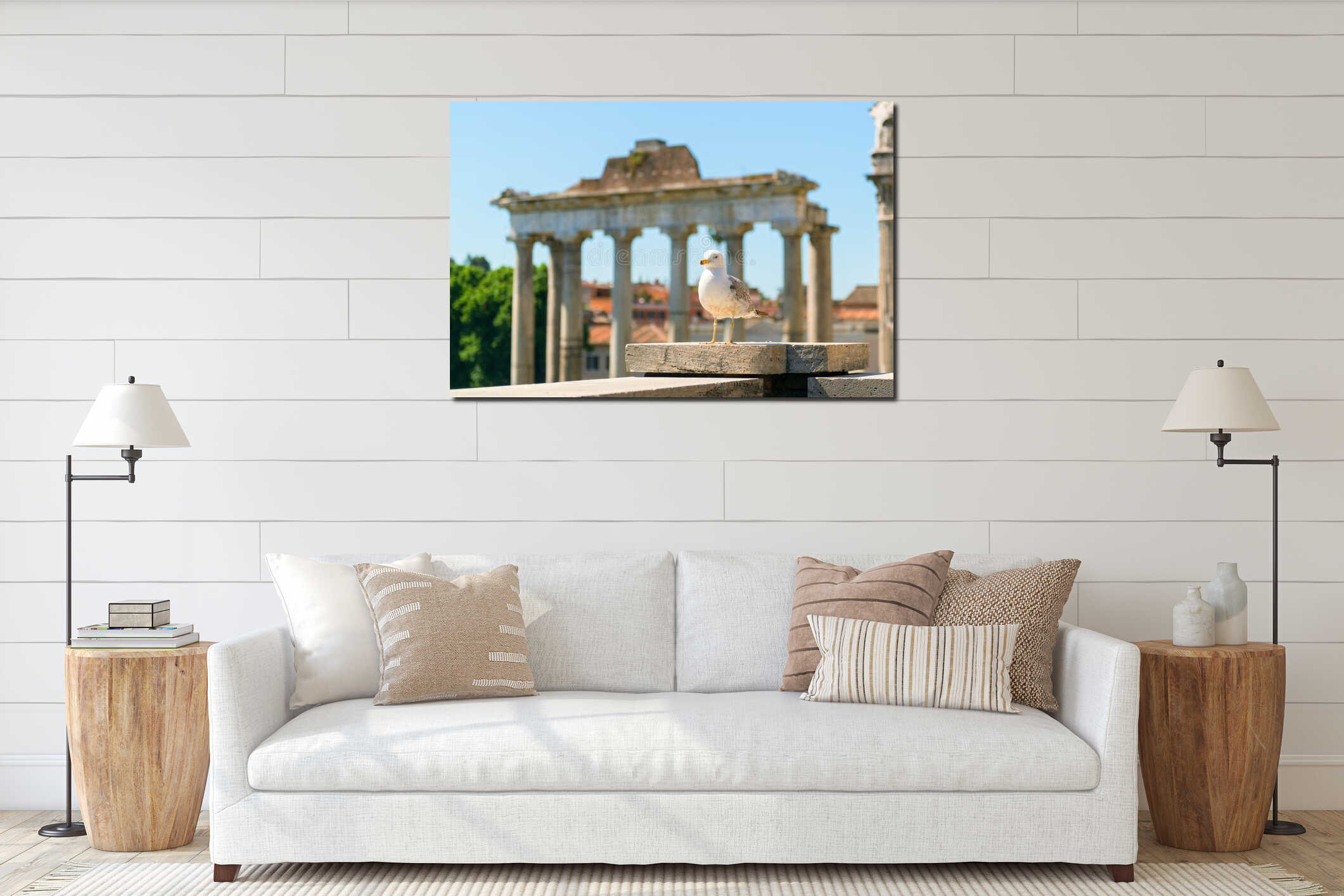 Seagull is the ruins of the Roman Forum in Rome interior mockup