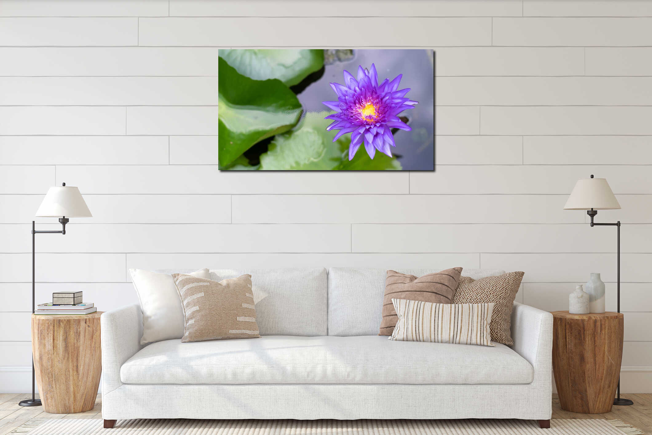 Vibrant purple water lily blooms on a peaceful pond interior mockup